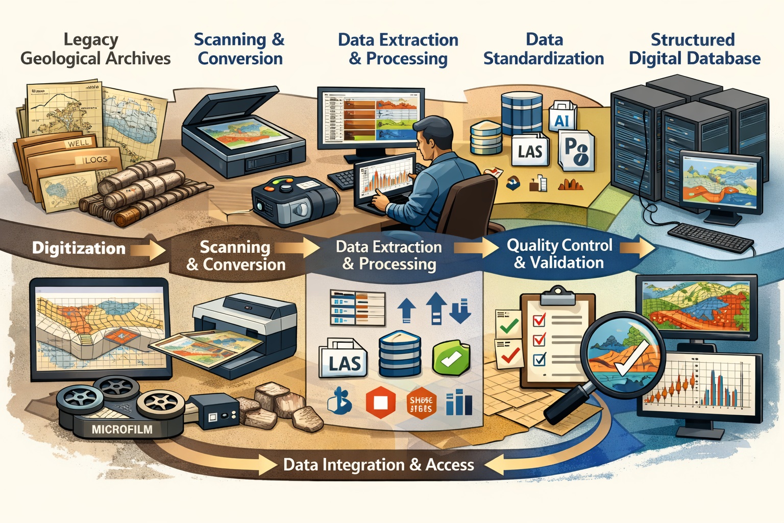 Workflow showing transformation of legacy geological archives into structured digital databases including digitization, extraction, and data integration.