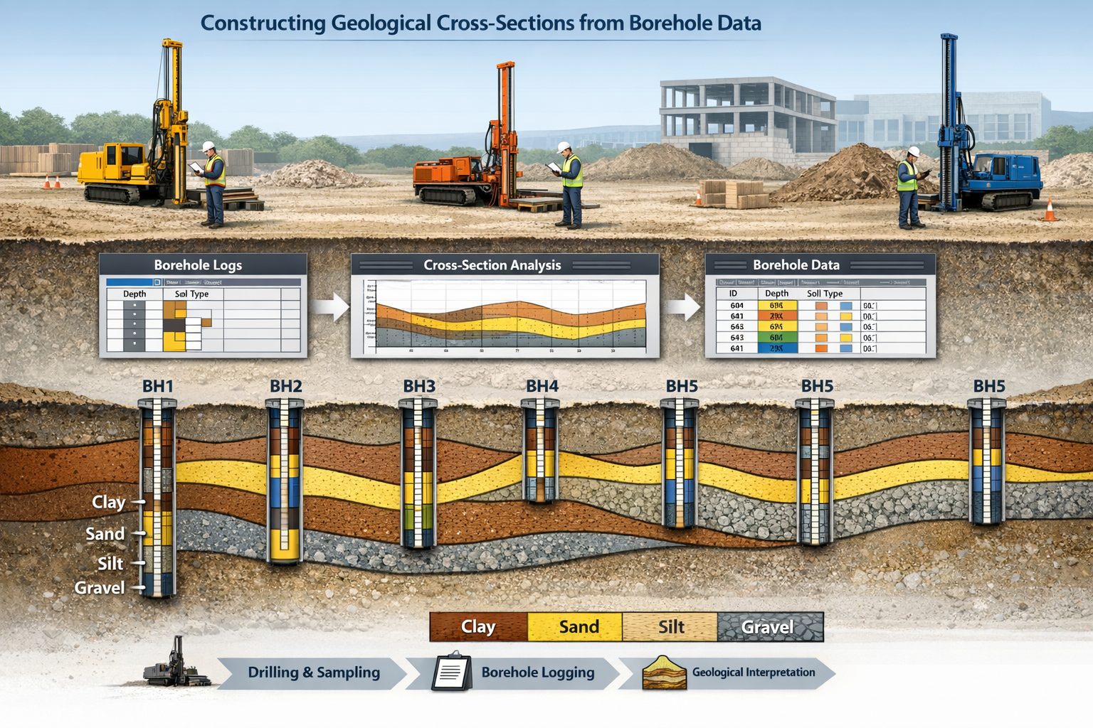 Geological cross-section created from borehole data showing correlated soil layers beneath a site investigation area