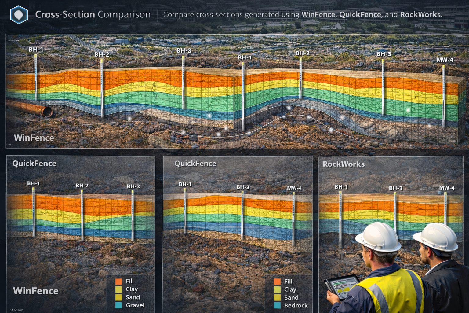 Comparison of geological cross-sections generated using WinFence, QuickFence, and RockWorks from borehole data.