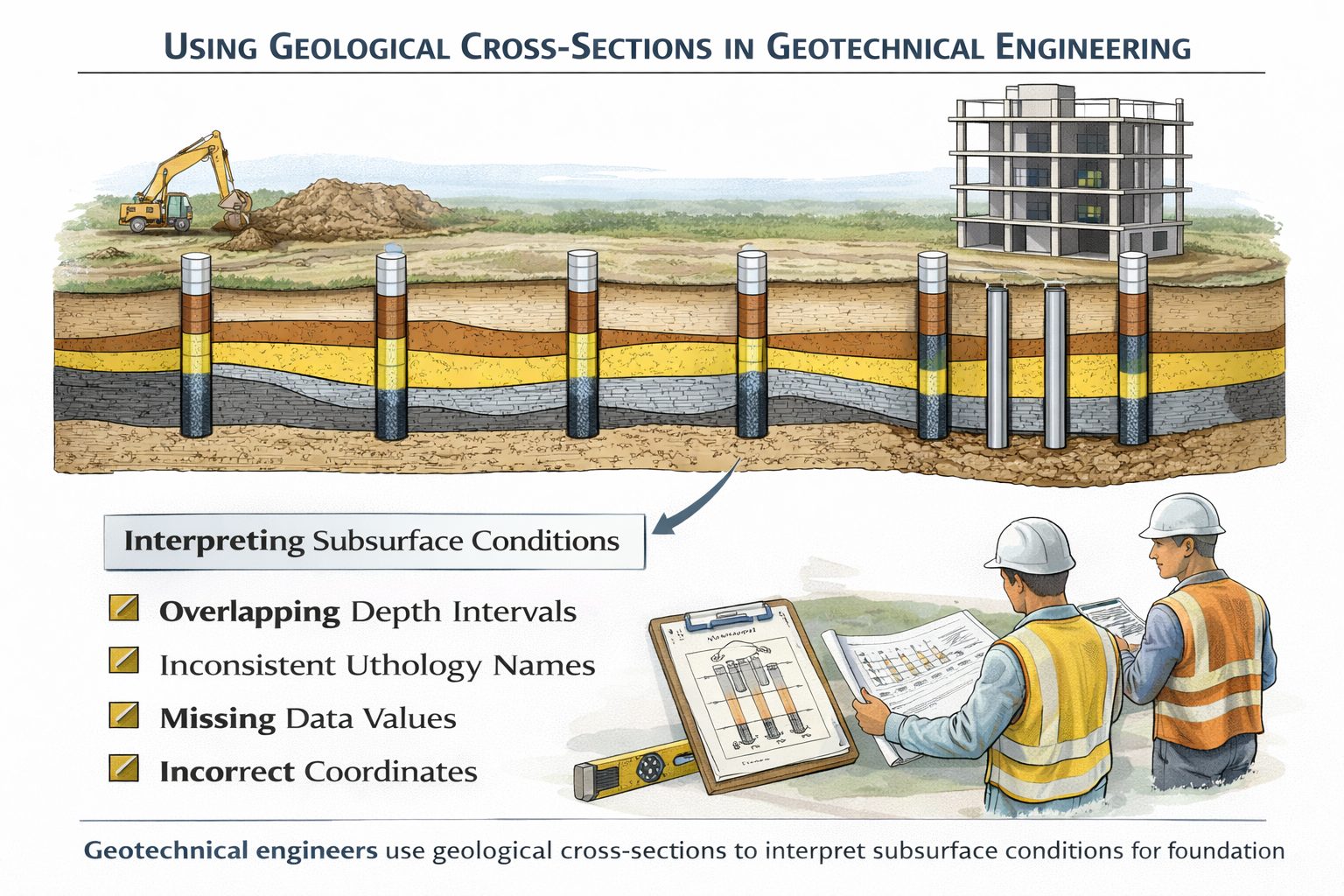 Geological cross-section used in geotechnical engineering to interpret soil and rock layers for site investigation.