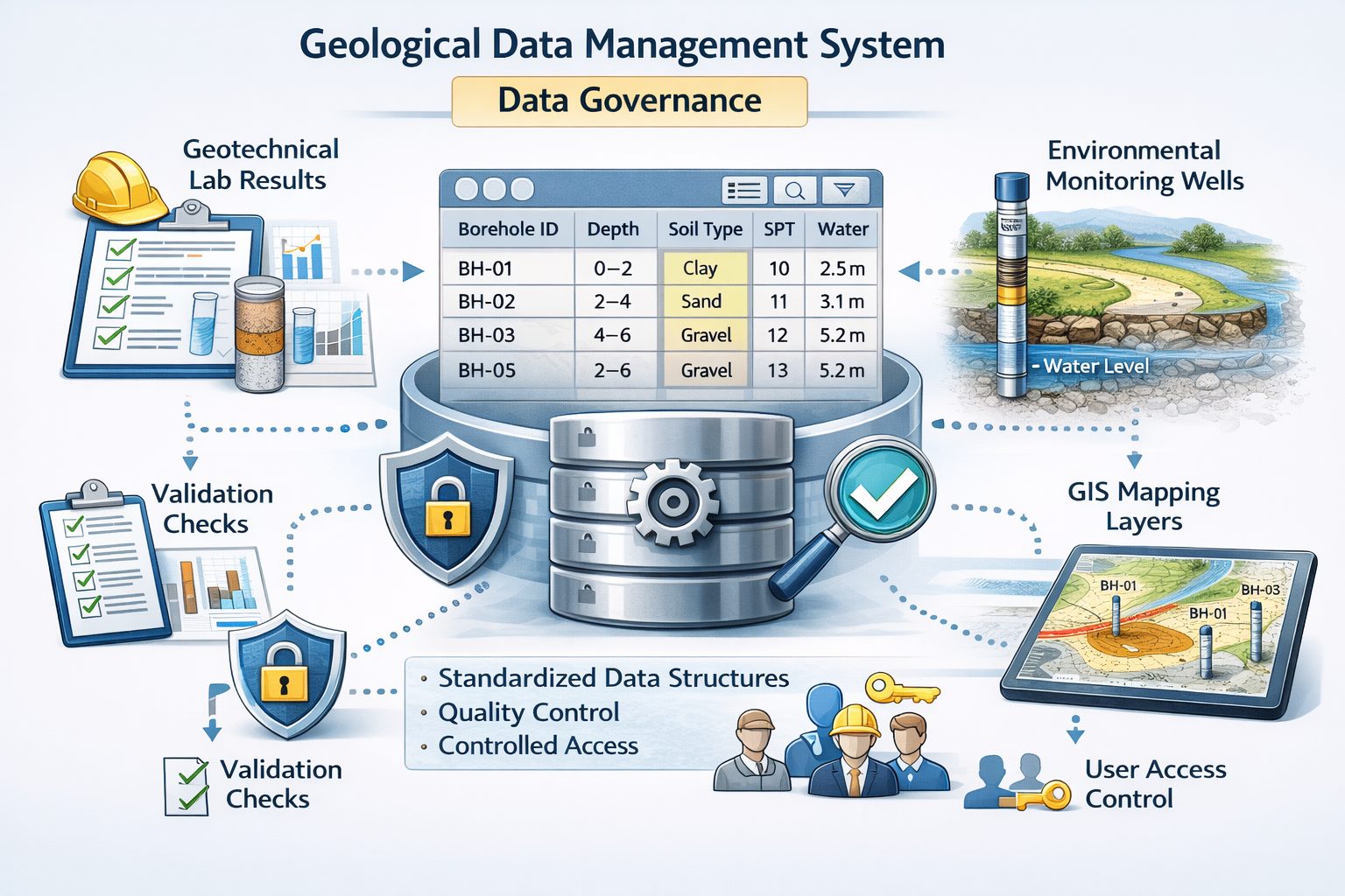 Geological data governance system showing structured borehole database, validation checks, and controlled access to geotechnical and environmental datasets.