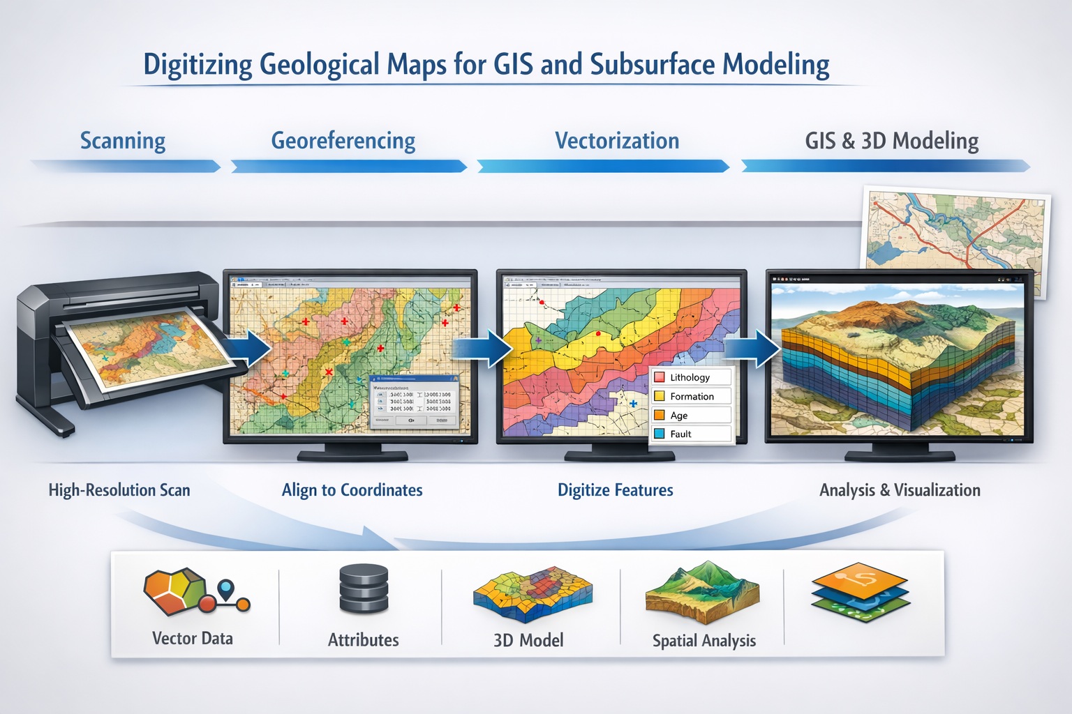 Geological map digitization workflow showing scanning, georeferencing, vectorization, and integration into GIS for subsurface modeling.