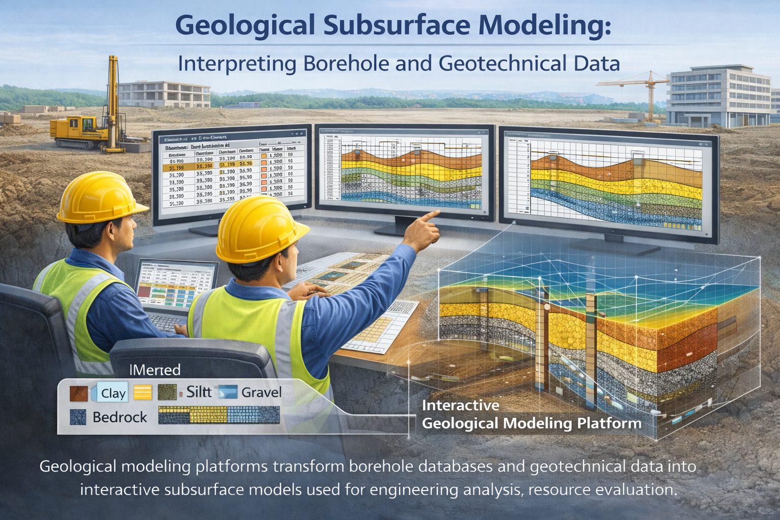 Digital geological modeling software visualizing subsurface layers and borehole data in a 3D geological model used for subsurface interpretation.