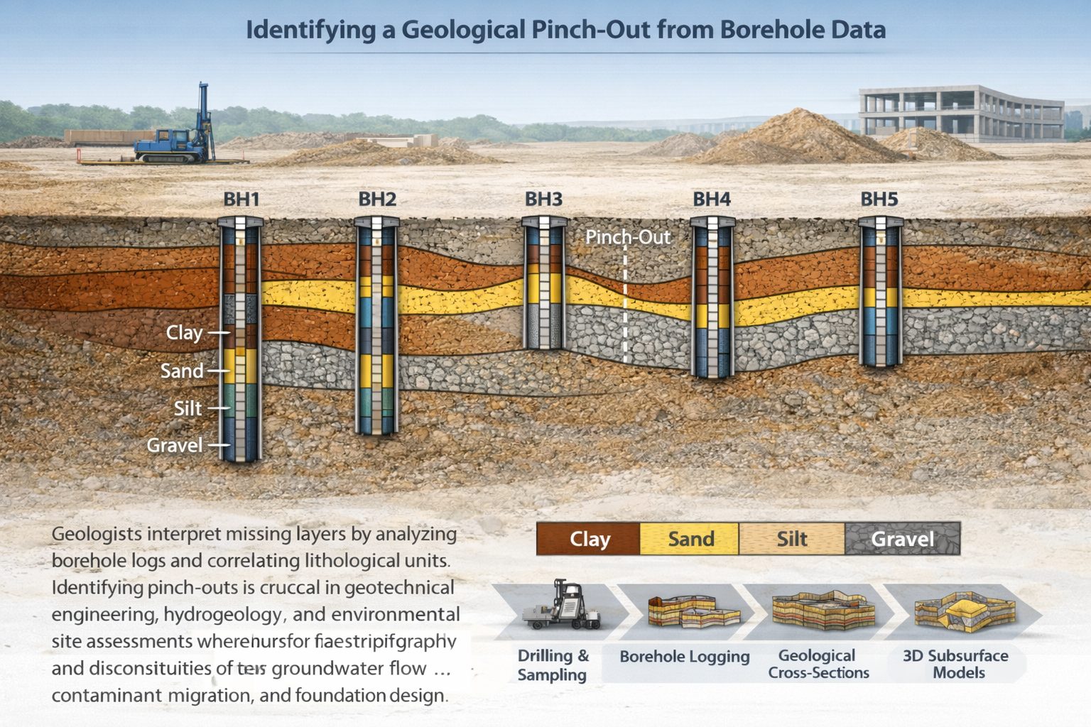Geological cross-section showing a pinch-out where a sediment layer gradually thins and disappears between boreholes during subsurface interpretation.