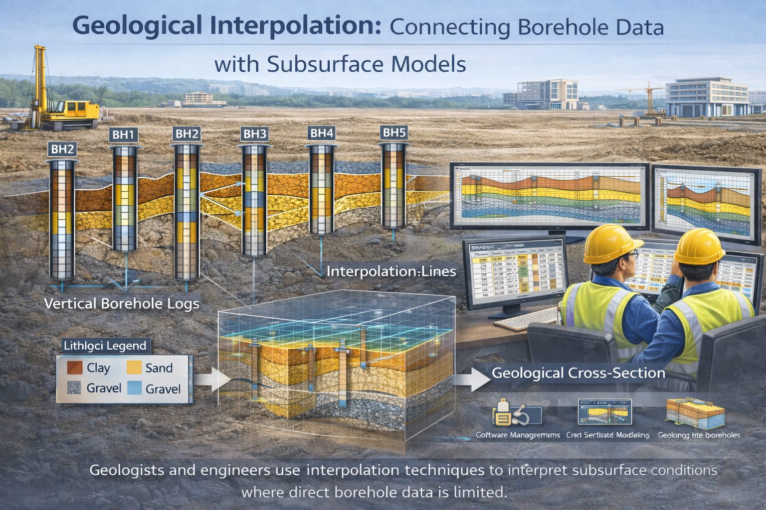 Geological software interpolating subsurface layers between boreholes to generate geological cross-sections and 3D subsurface models.