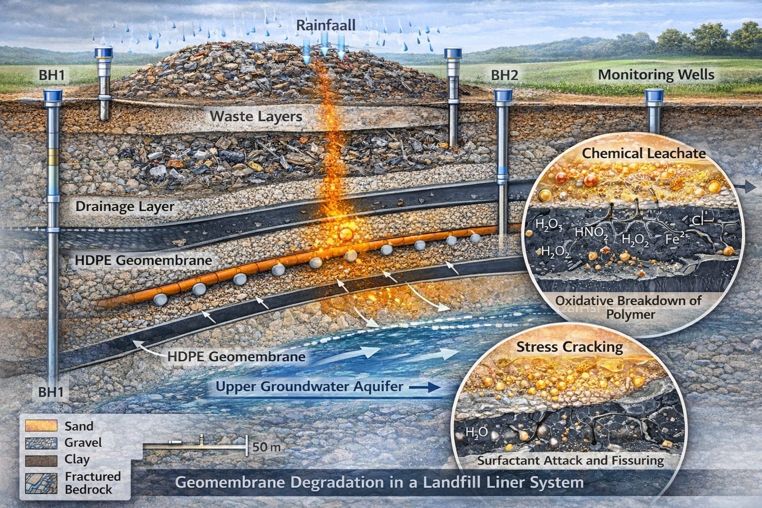 Geomembrane landfill liner showing degradation processes such as oxidation and stress cracking in landfill containment systems.
