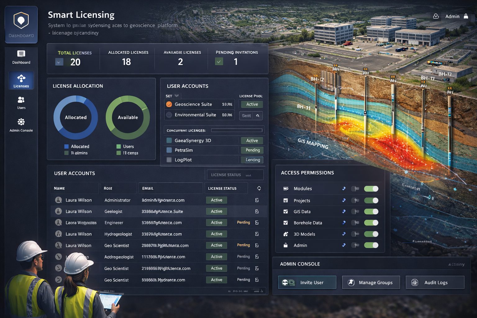 Geoscience software license management interface showing user access control, platform licensing dashboard, and geological data visualization tools.