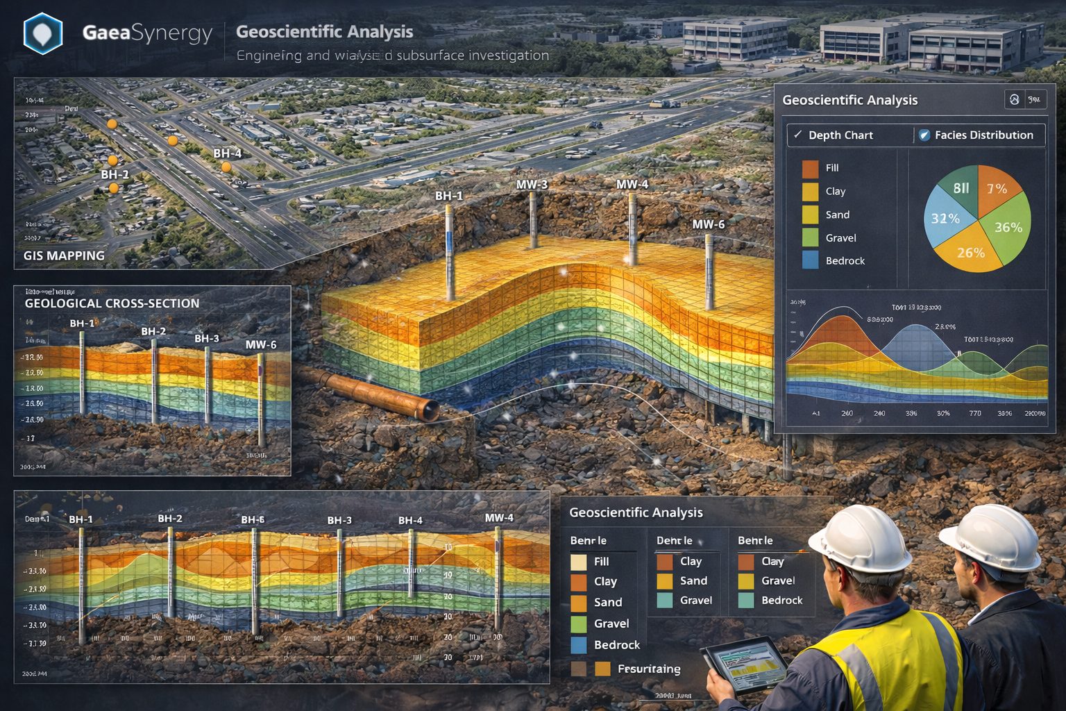 Geoscientific analysis visualization showing boreholes, geological cross-section, GIS mapping, and a 3D subsurface model.