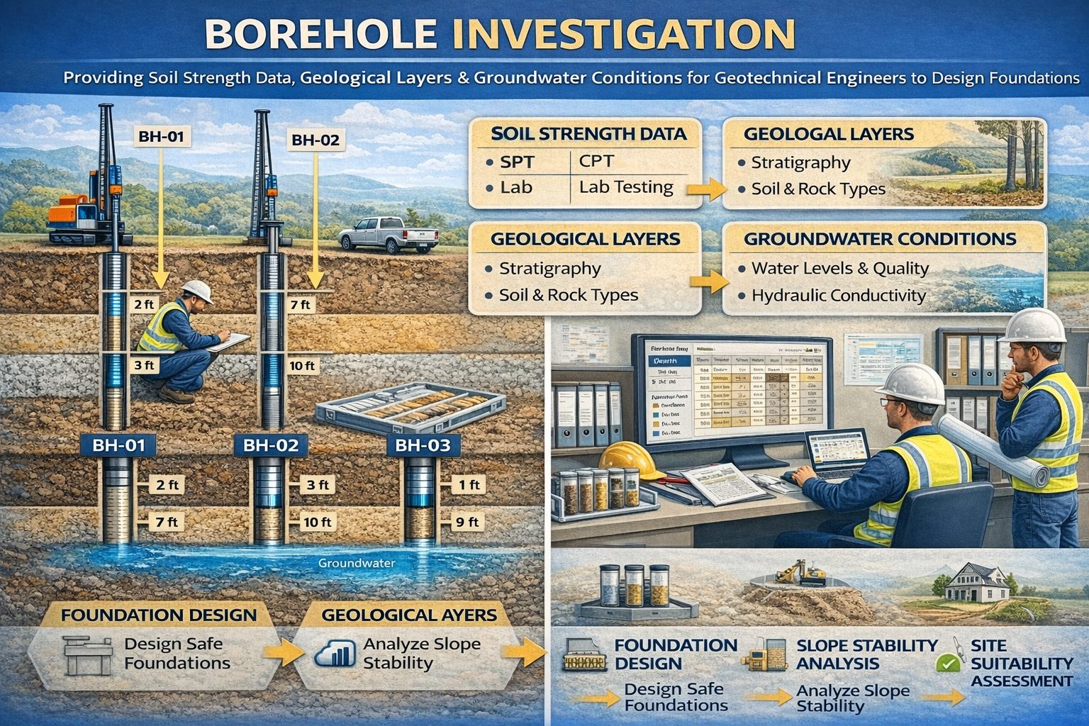 Borehole investigations used for geotechnical engineering foundation design.