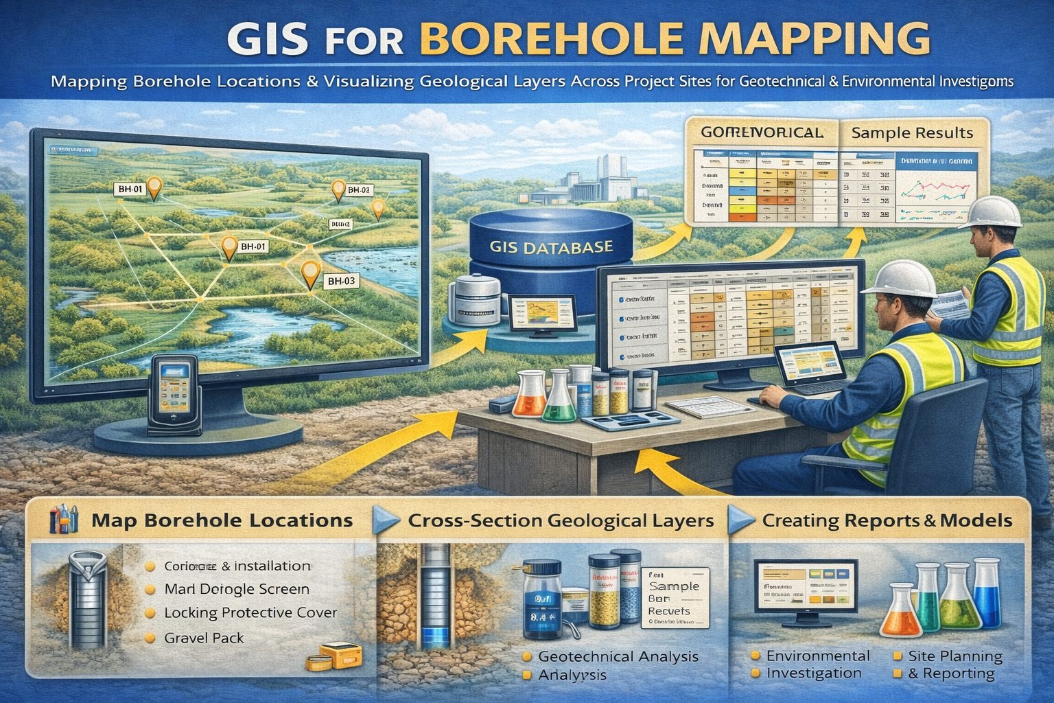GIS map showing borehole locations and geological layers across a project site.