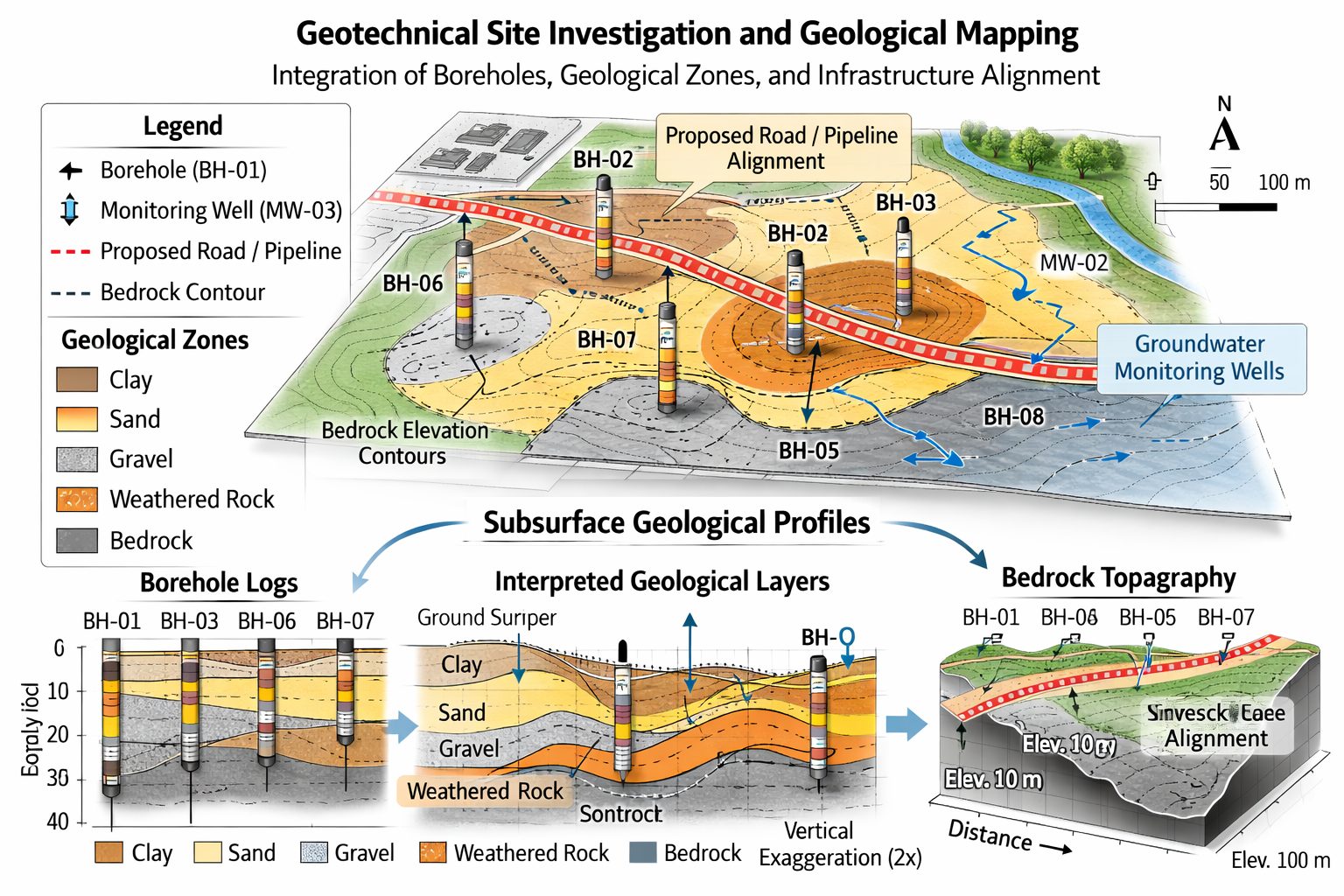 GIS map displaying borehole locations, geological layers, groundwater monitoring wells, and geotechnical data used for subsurface investigation.