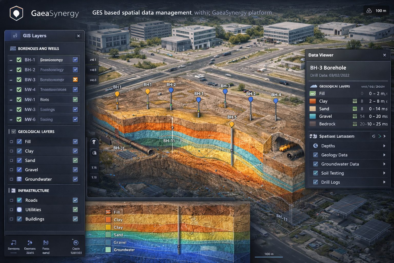 GIS map showing borehole locations, site infrastructure, and geological data layers managed within a geotechnical and environmental data platform.