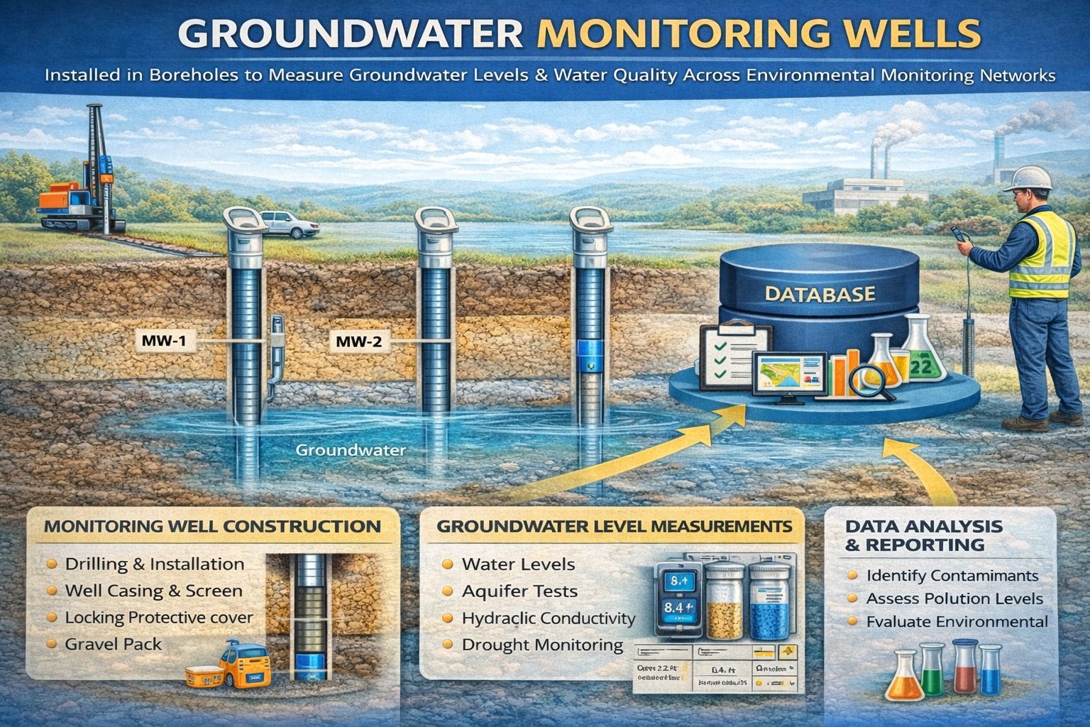 Groundwater monitoring wells installed in boreholes measuring water levels and water quality.