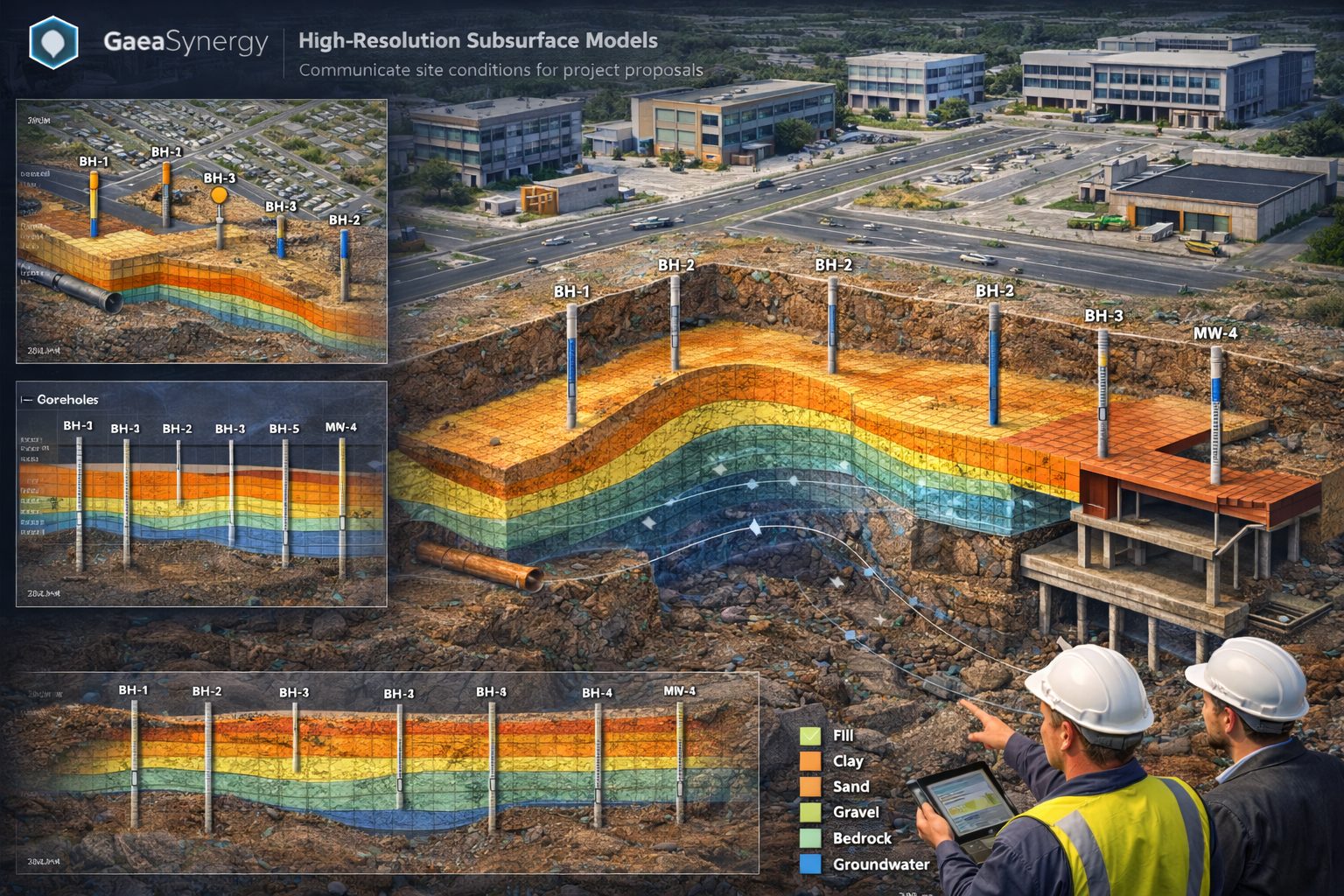 High-resolution 3D subsurface visualization showing boreholes, geological layers, and infrastructure used in an engineering project presentation.