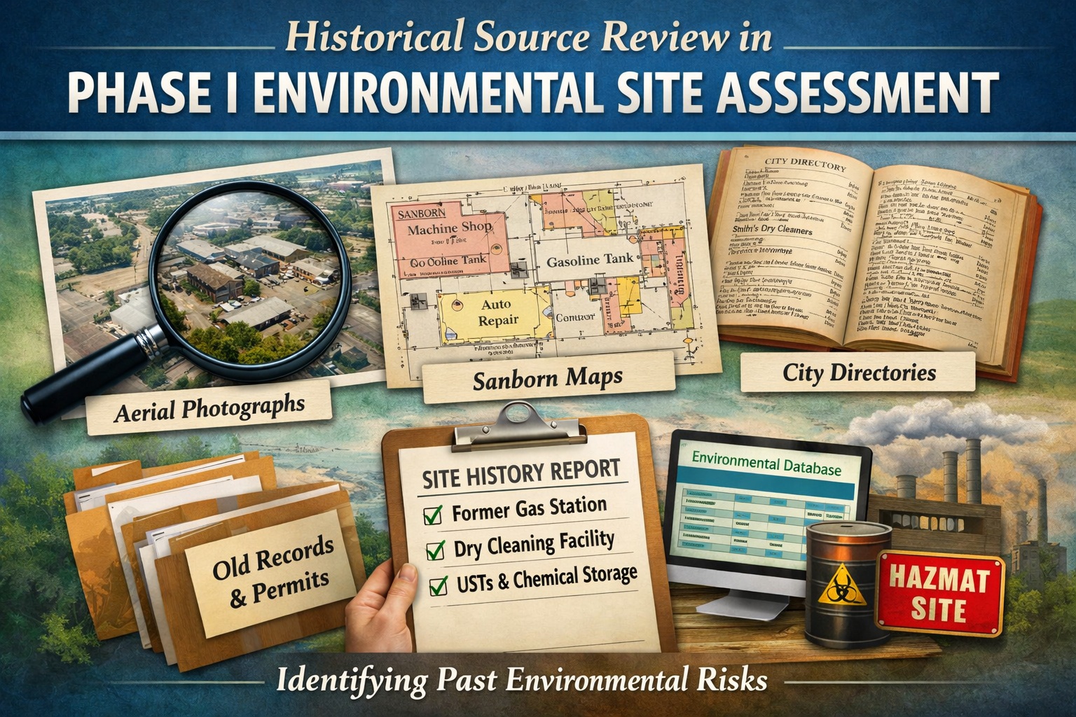 Historical source review in a Phase I Environmental Site Assessment showing aerial photographs, Sanborn maps, and site history analysis
