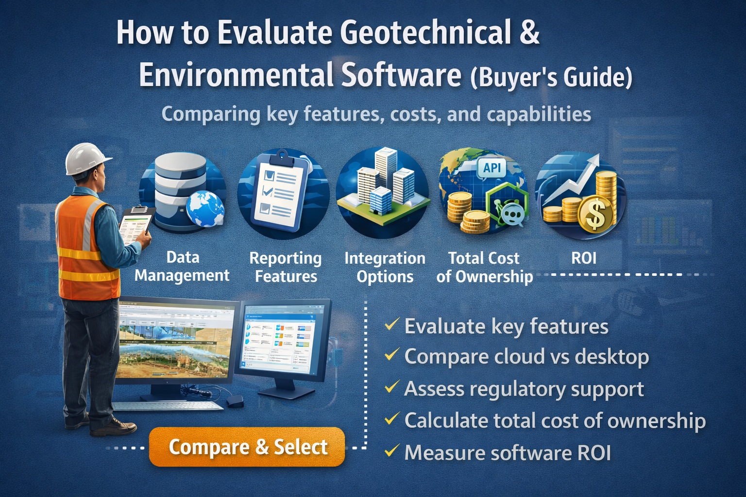 How to evaluate geotechnical and environmental software infographic showing data management, reporting, integration, total cost of ownership, and ROI comparison