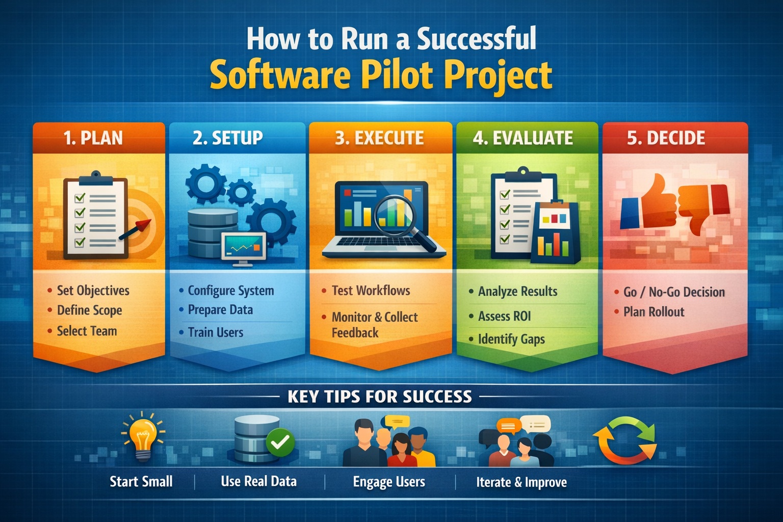 Steps to run a successful software pilot project showing planning setup execution evaluation and rollout decision phases