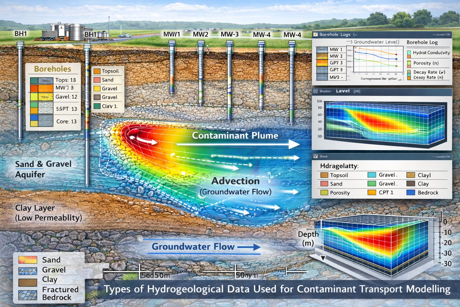Hydrogeological data visualization showing boreholes, groundwater flow, and contaminant plume used in contaminant transport modelling.