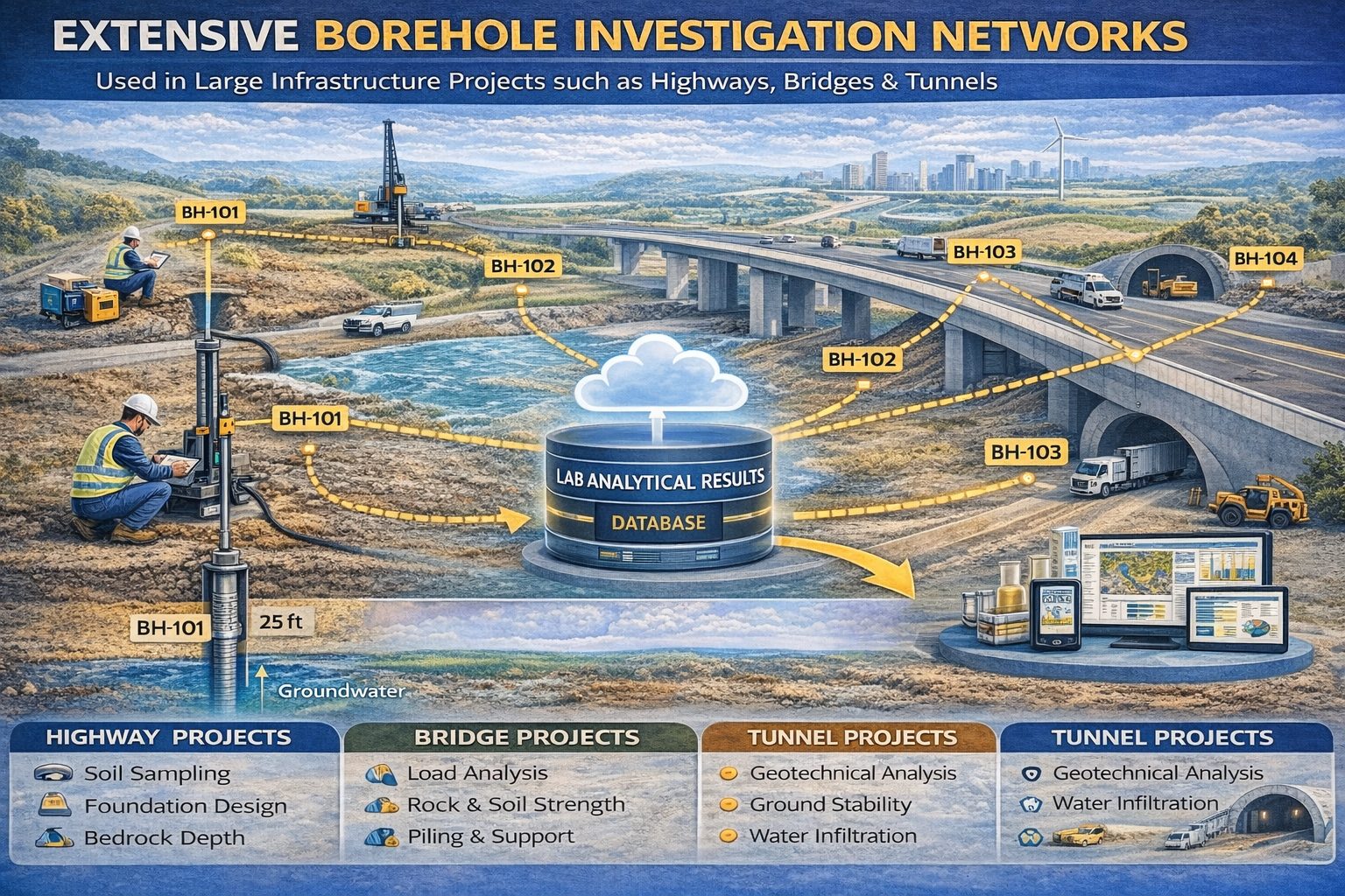 Large infrastructure project using borehole investigation networks and geological data systems.