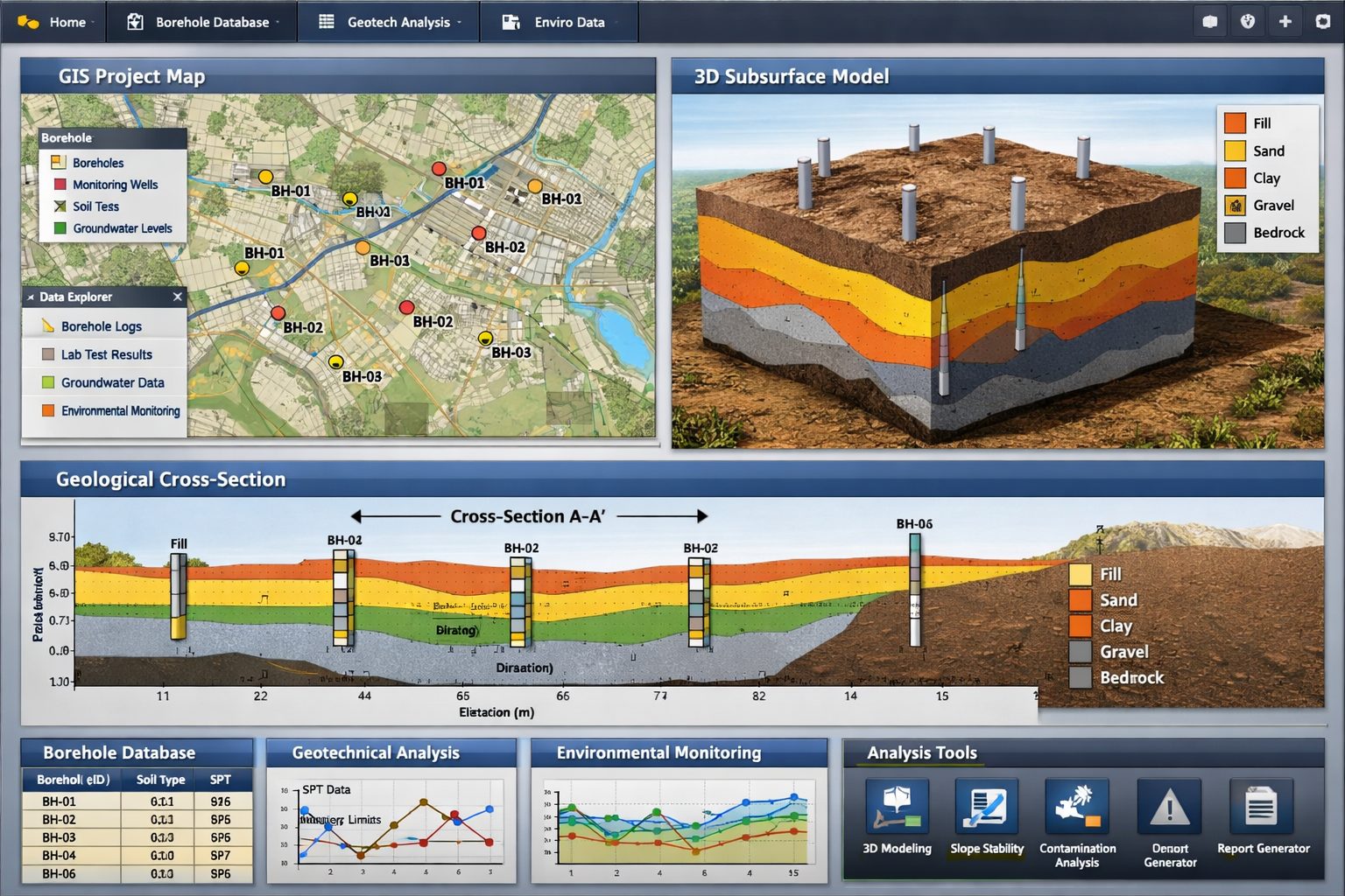 Integrated geological and geotechnical data platform showing borehole database, GIS mapping, geological cross-section, and 3D subsurface visualization.