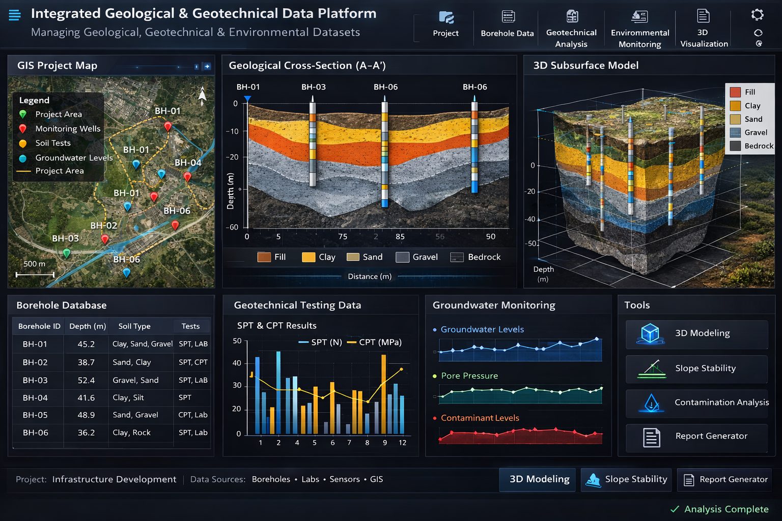 Integrated geological, geotechnical, and environmental data platform showing borehole database, GIS mapping, groundwater monitoring wells, geological cross-section, and 3D subsurface model.