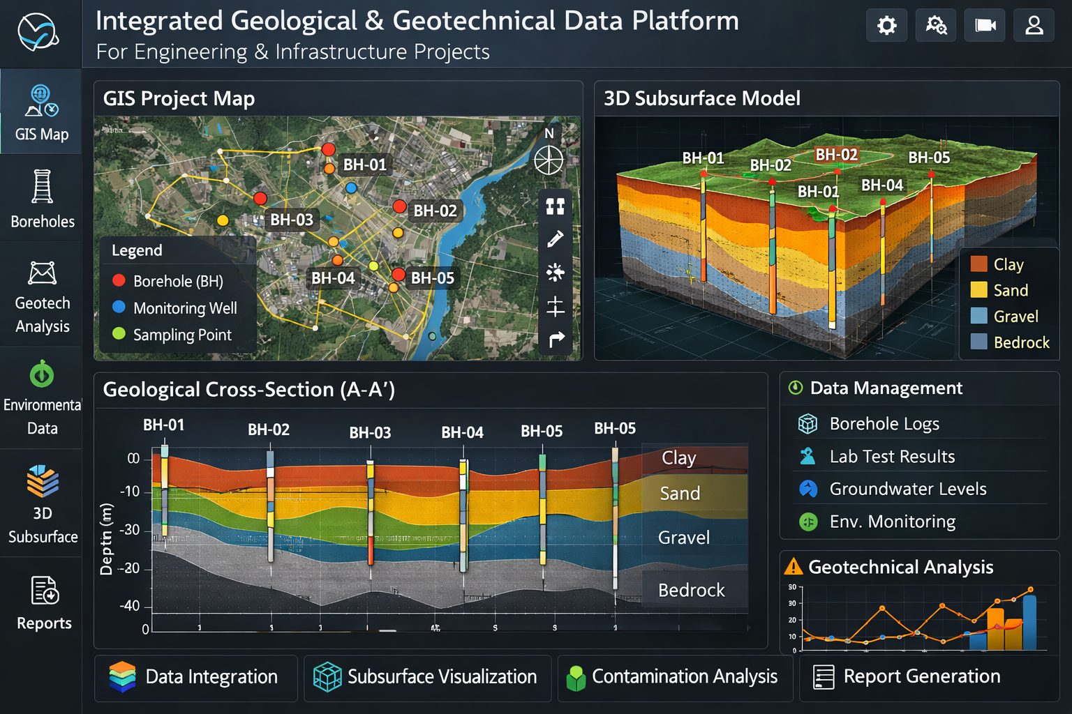 Integrated subsurface data platform used by engineering firms showing borehole database, GIS mapping, geological cross-section, and 3D subsurface model.