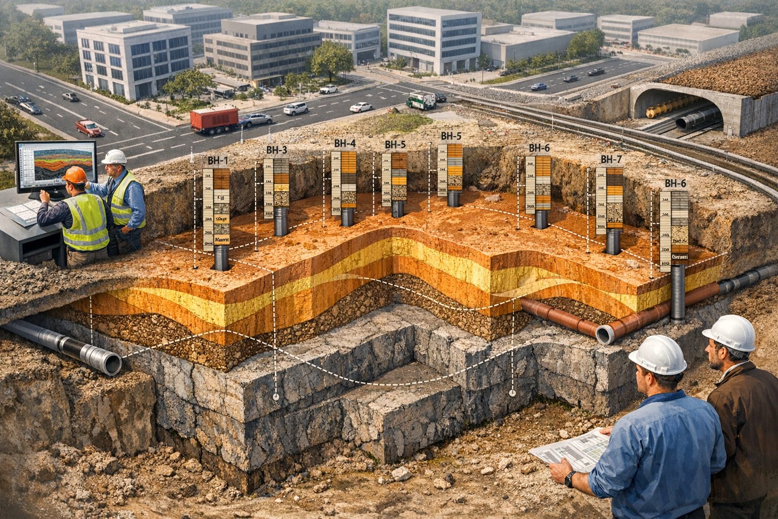 3D geological model integrating boring logs with subsurface layers beneath complex infrastructure including buildings, roads, and underground utilities.