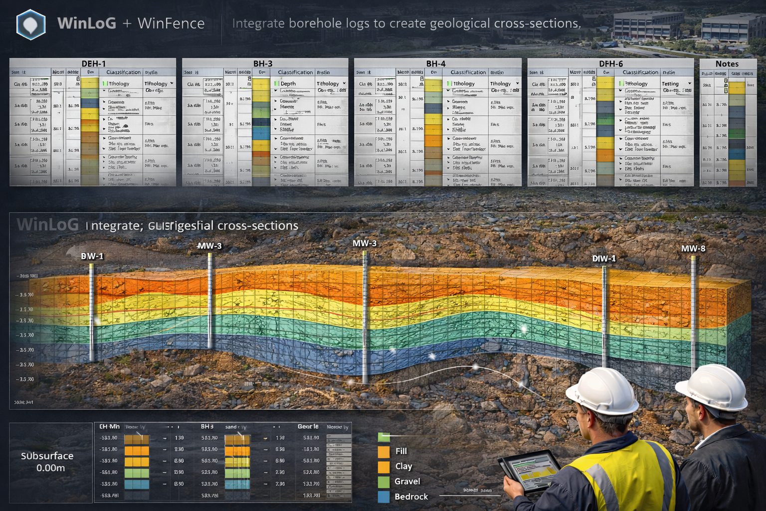 Borehole logs from WinLoG integrated into WinFence to generate geological cross-sections and fence diagrams.