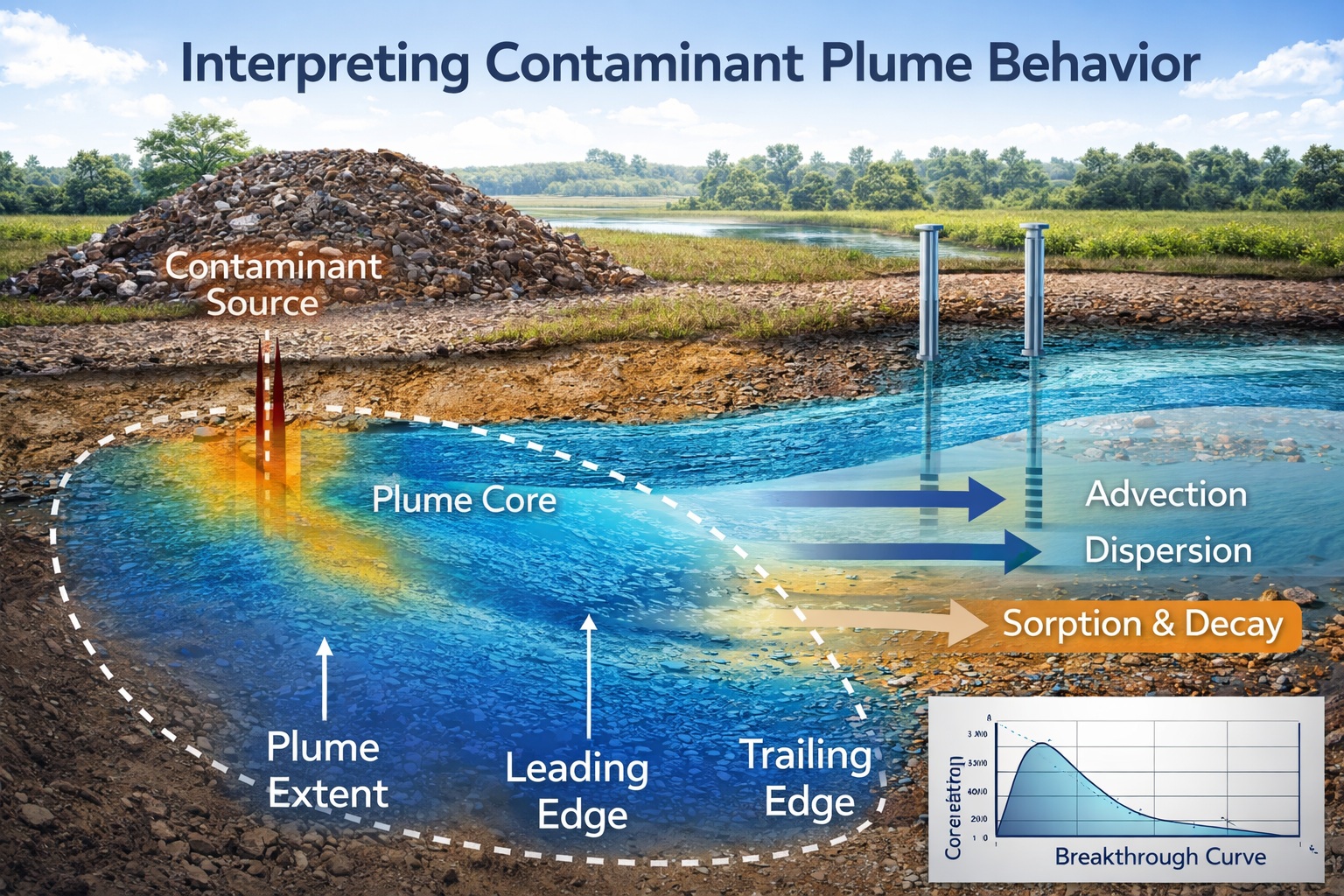 Groundwater contaminant plume behavior diagram showing source, plume core, leading edge, trailing edge, and transport processes