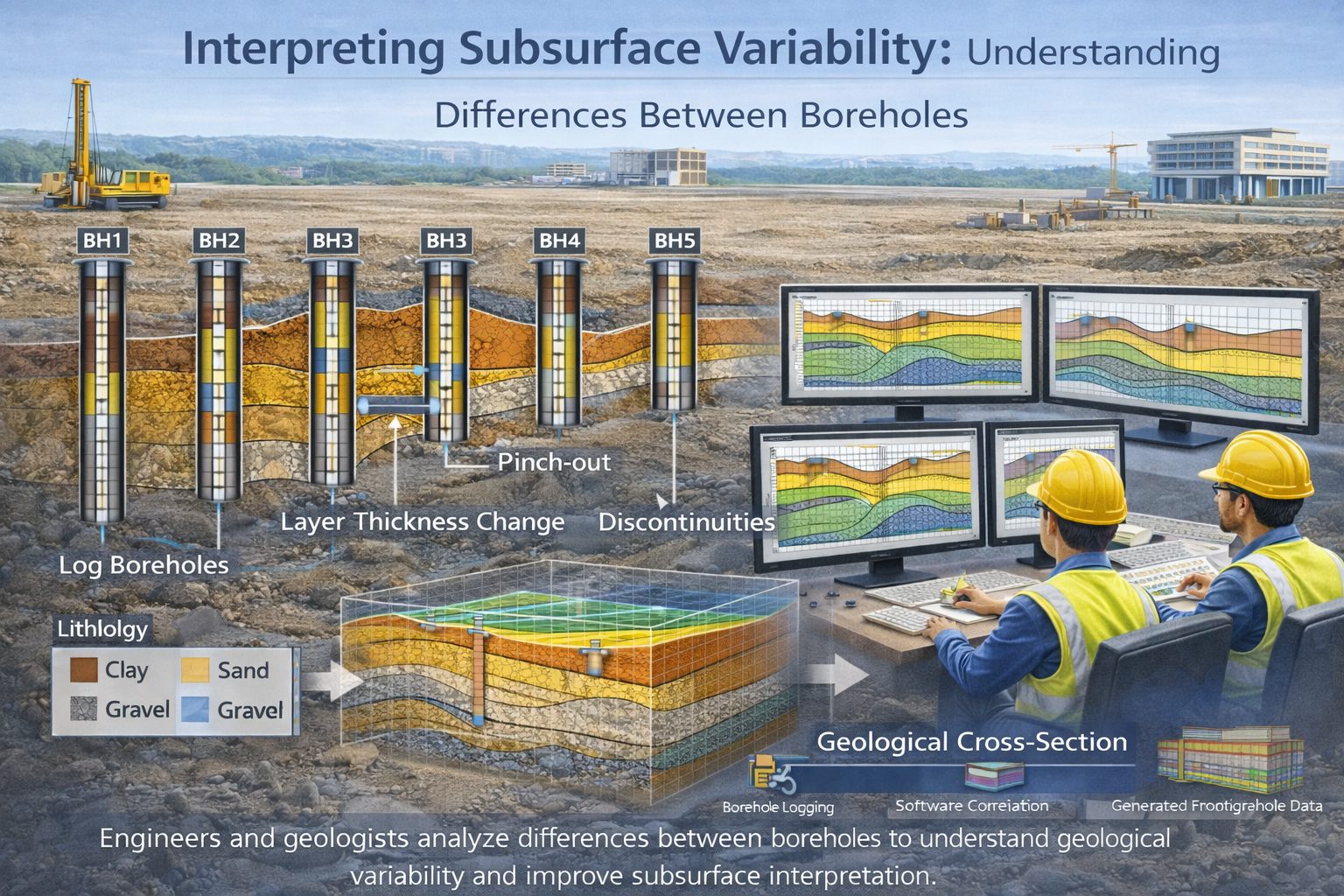 Geological cross-section showing variability of soil and rock layers between boreholes used for subsurface interpretation.