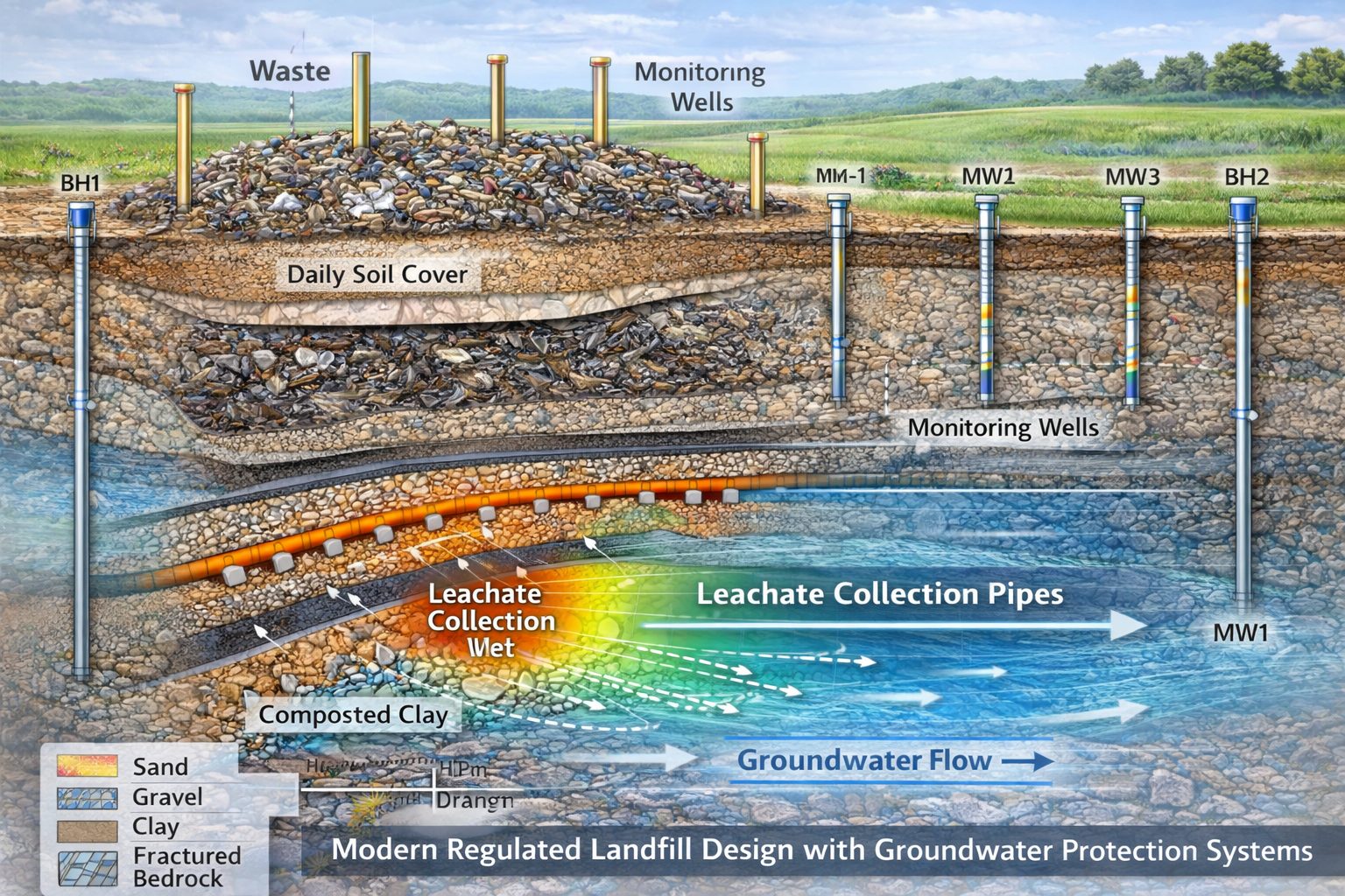 Modern landfill design showing liner system, leachate collection pipes, and groundwater monitoring wells protecting aquifers.