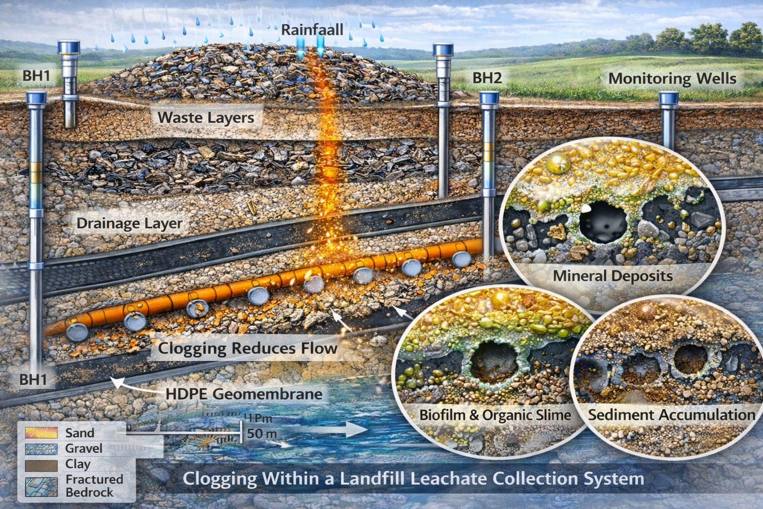 Clogging of landfill leachate collection pipes caused by biofilm growth and mineral precipitation in drainage systems.