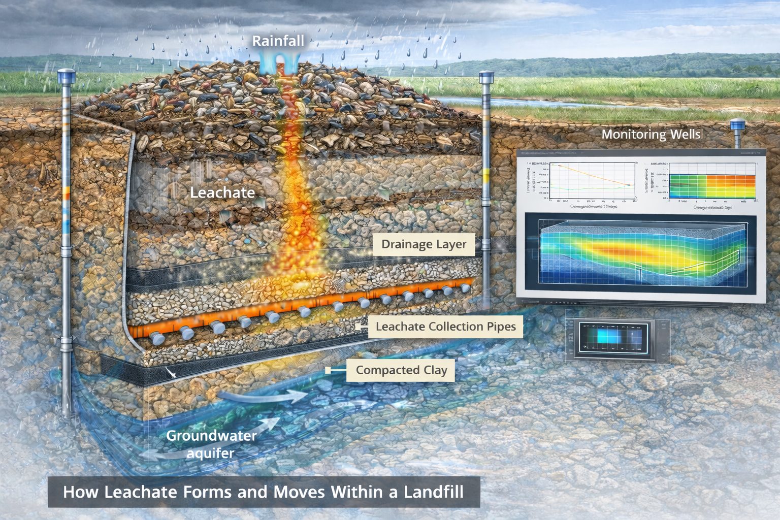 Landfill cross section showing leachate generation from rainfall infiltration and transport through waste layers to a leachate collection system.