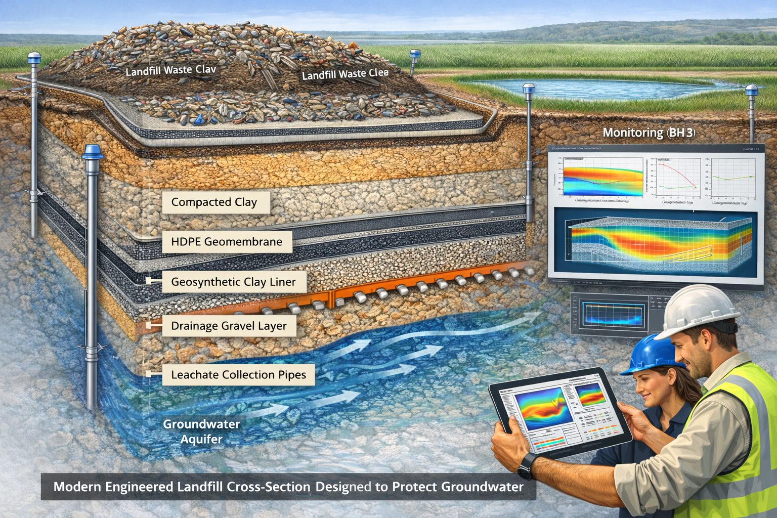 Engineered landfill liner system showing clay liner, HDPE geomembrane, drainage layer, and leachate collection pipes preventing groundwater contamination.
