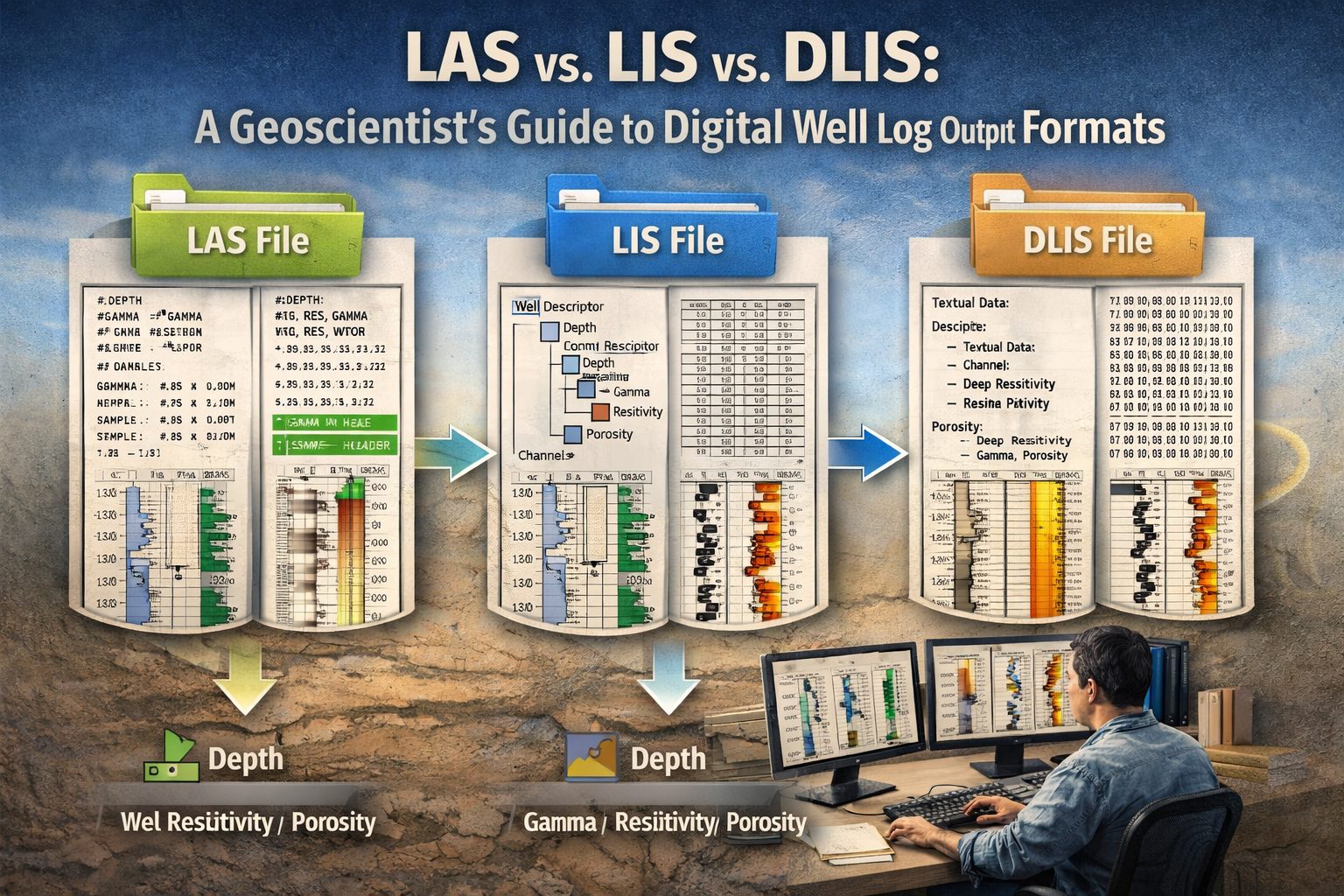 Comparison of LAS, LIS, and DLIS digital well log output formats used by geoscientists for storing and analyzing geophysical well log data