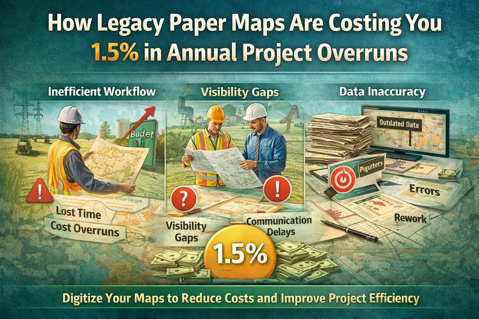 Legacy paper maps causing project inefficiencies, data inaccuracies, and cost overruns in infrastructure and geospatial projects