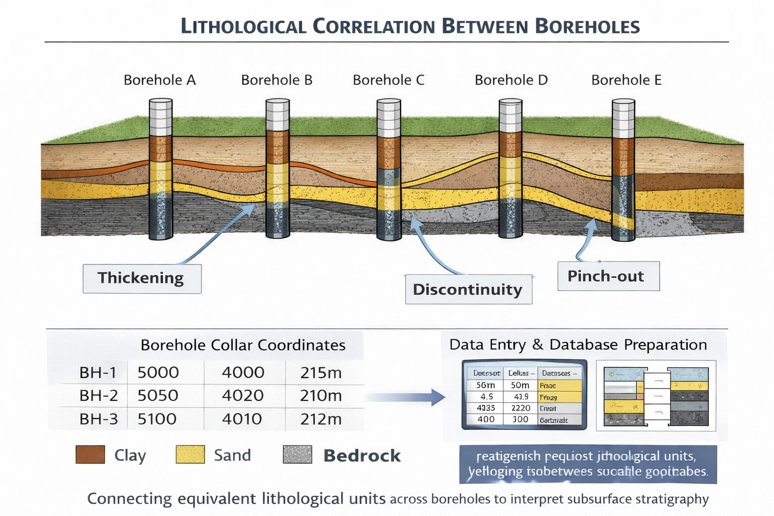 Diagram showing lithological correlation between boreholes used to construct a geological cross-section.