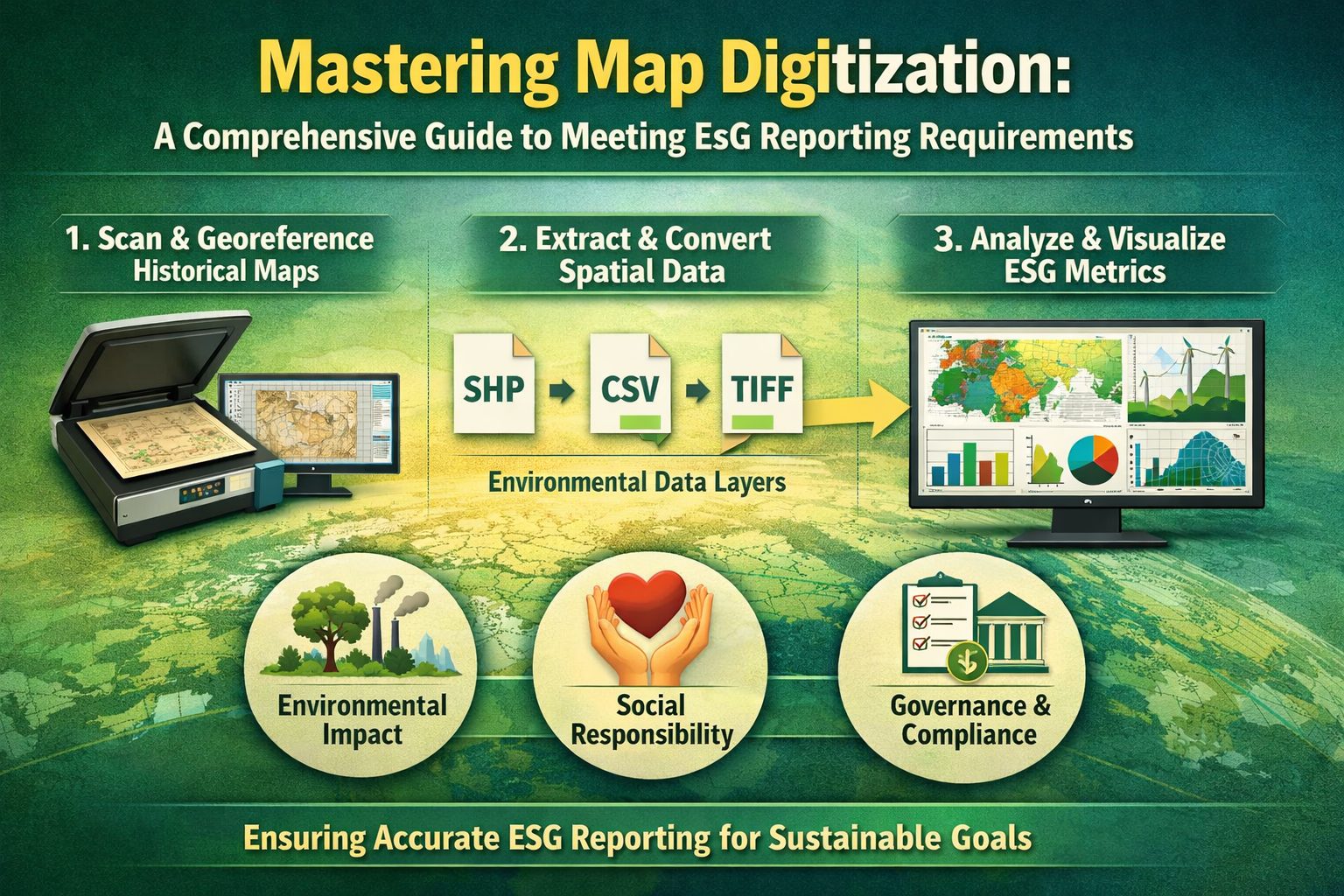 Map digitization workflow converting historical maps into geospatial data for environmental, social and governance ESG reporting and spatial analysis