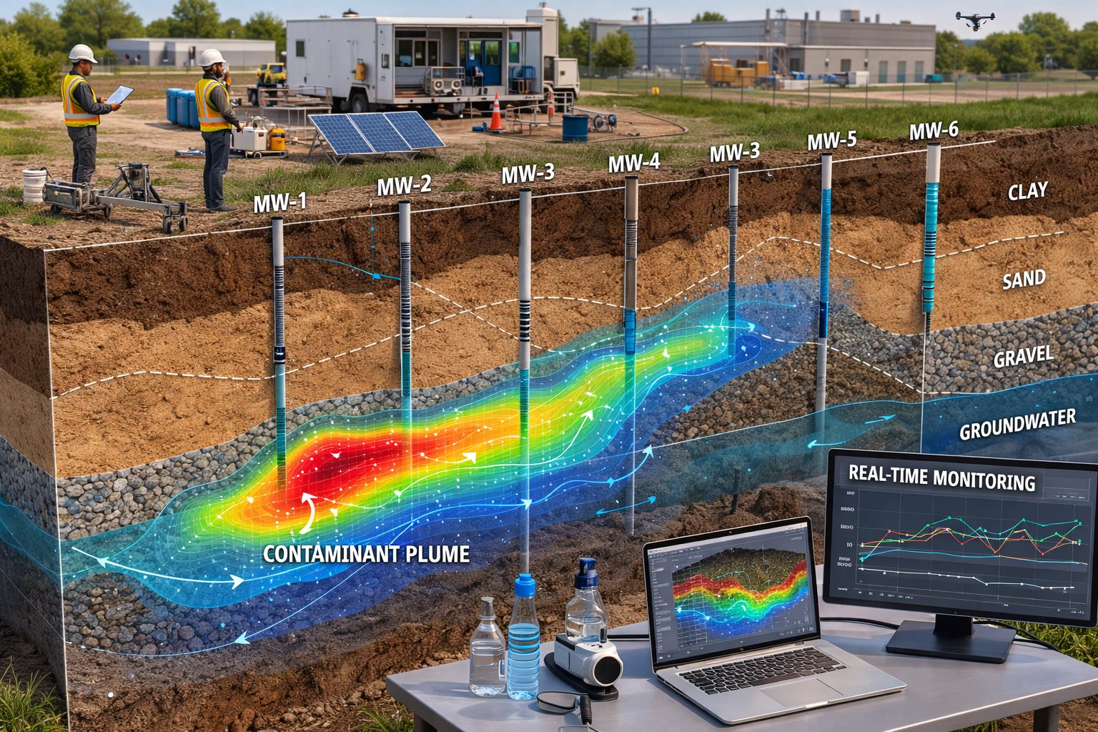 3D subsurface model showing contaminant plume in groundwater with monitoring wells and stratigraphic soil layers.