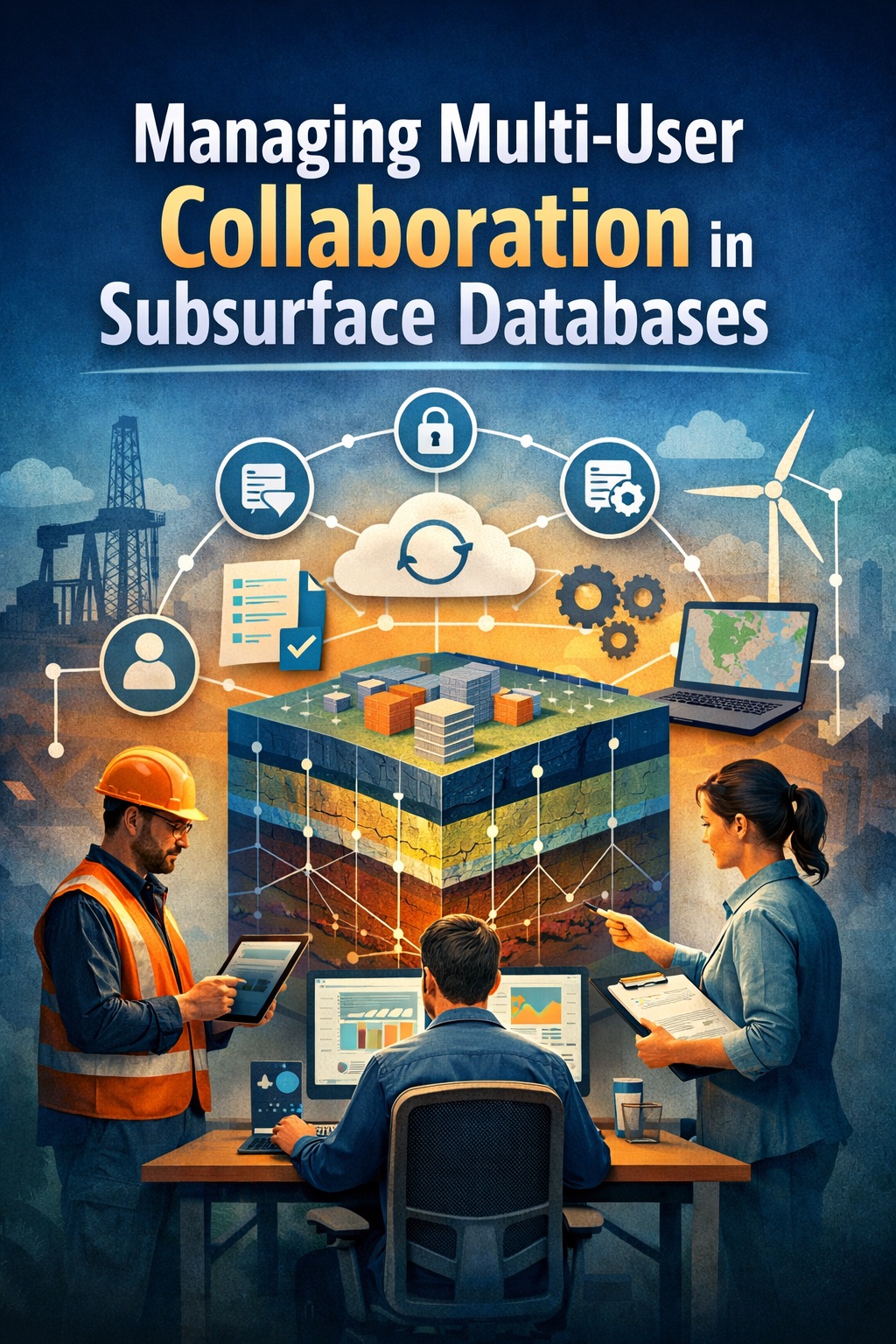 Multi-user collaboration in subsurface databases showing engineers working on shared geoscience data with centralized system and access control