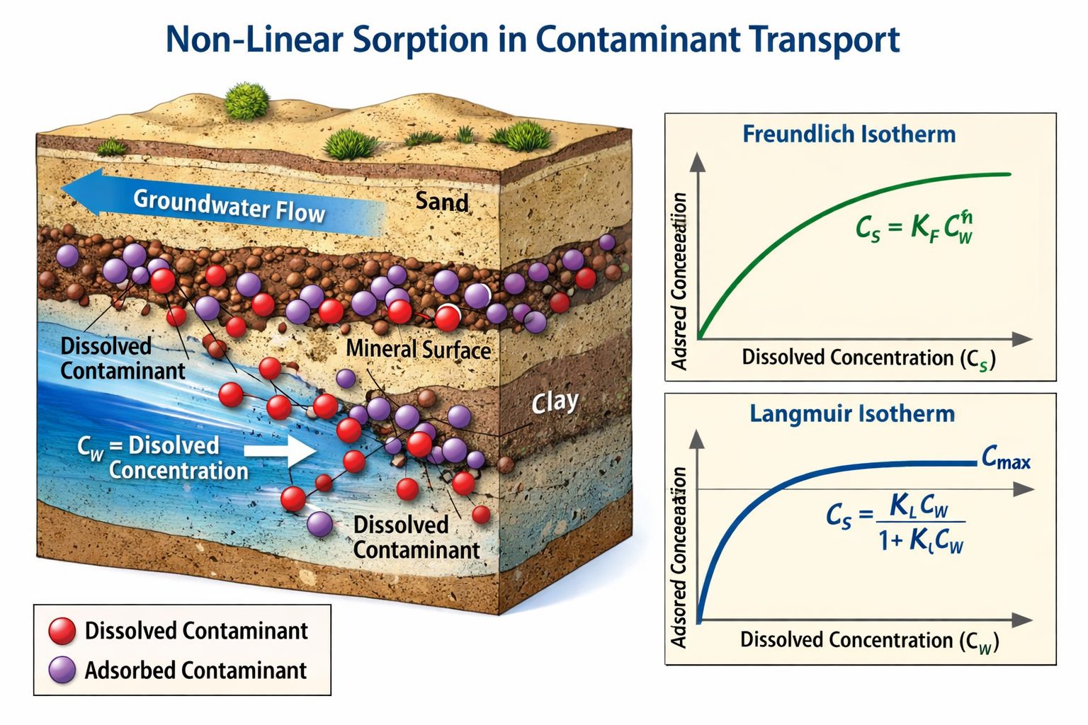 Non linear sorption of contaminants to soil particles showing Freundlich and Langmuir isotherm behavior.