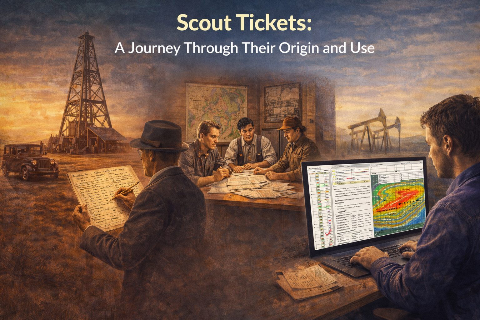 Historical oil and gas scout tickets evolving from handwritten drilling records to modern digital geological data analysis.