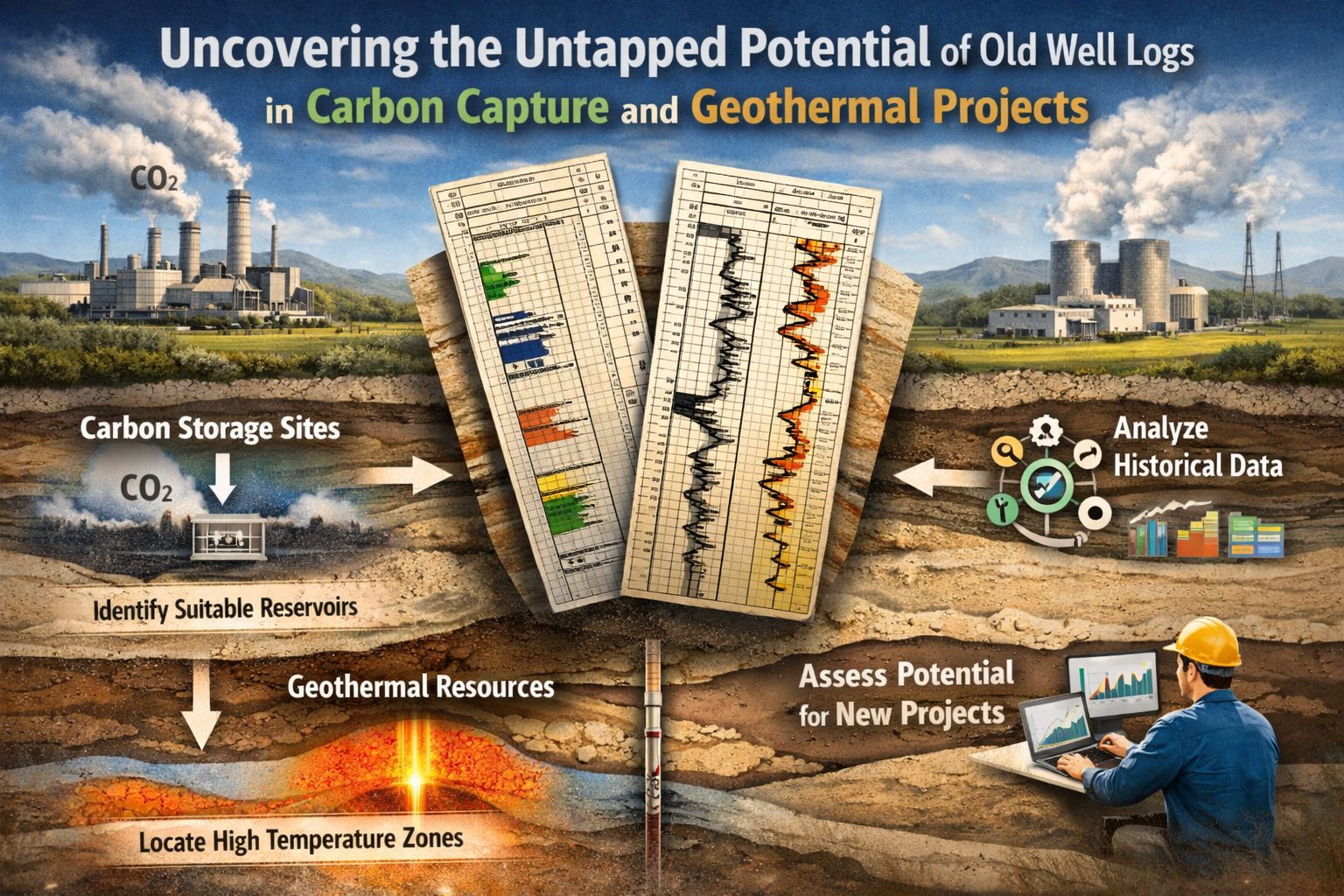 Historical oil and gas well logs being analyzed to identify carbon storage reservoirs and geothermal energy potential using geological data and subsurface analysis