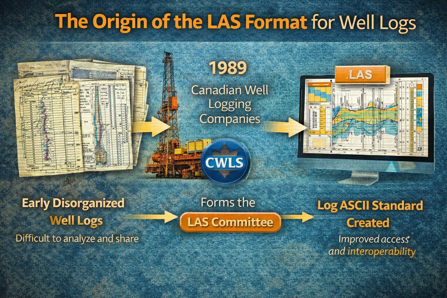 Historical development of the LAS well log file format created by the Canadian Well Logging Society for digital well log data exchange