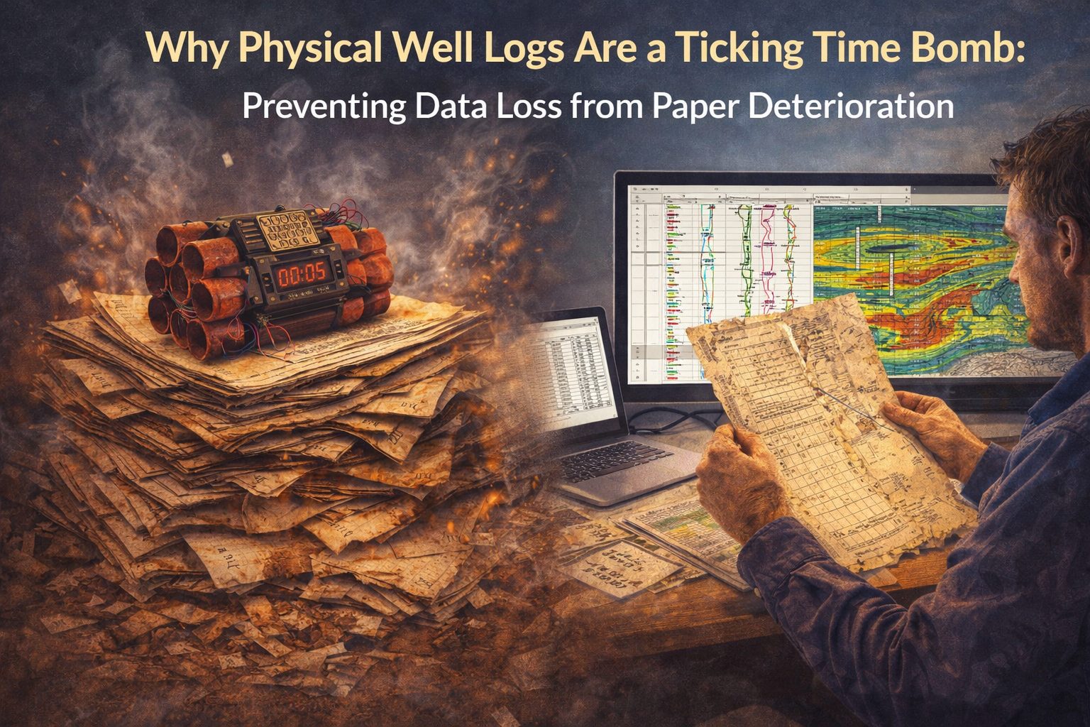 Deteriorating paper well logs compared with digitized well log analysis showing the risk of geological data loss from physical records.