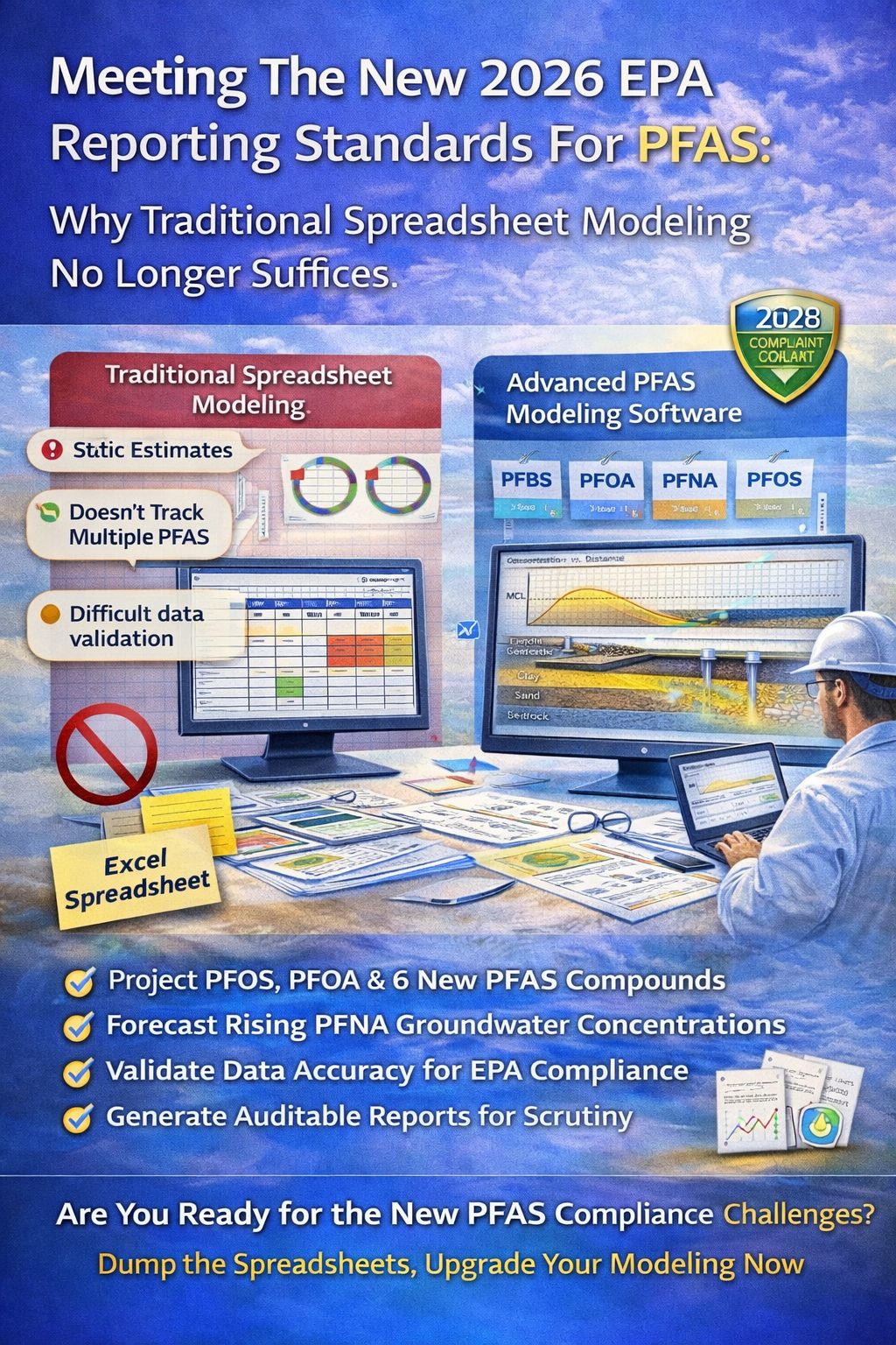 PFAS groundwater modeling software used to meet 2026 EPA reporting standards compared with traditional spreadsheet modeling.