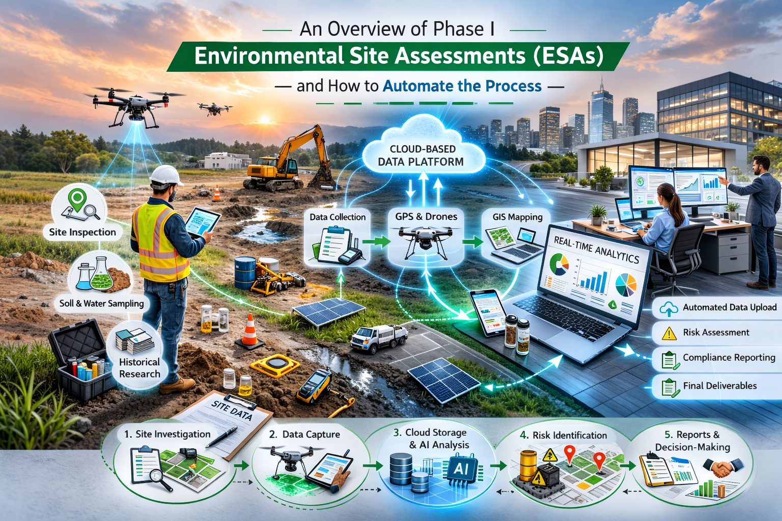 Infographic showing the workflow of a Phase I Environmental Site Assessment including site inspection, historical research, drone data collection, cloud database upload, AI analysis, and automated environmental reporting.