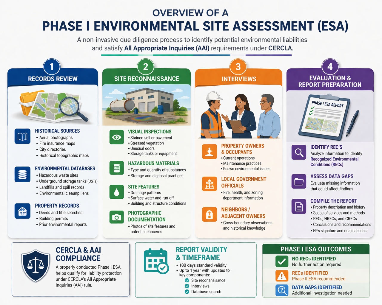 Infographic showing the Phase I Environmental Site Assessment process including records review, site reconnaissance, interviews, and environmental report preparation to identify recognized environmental conditions.