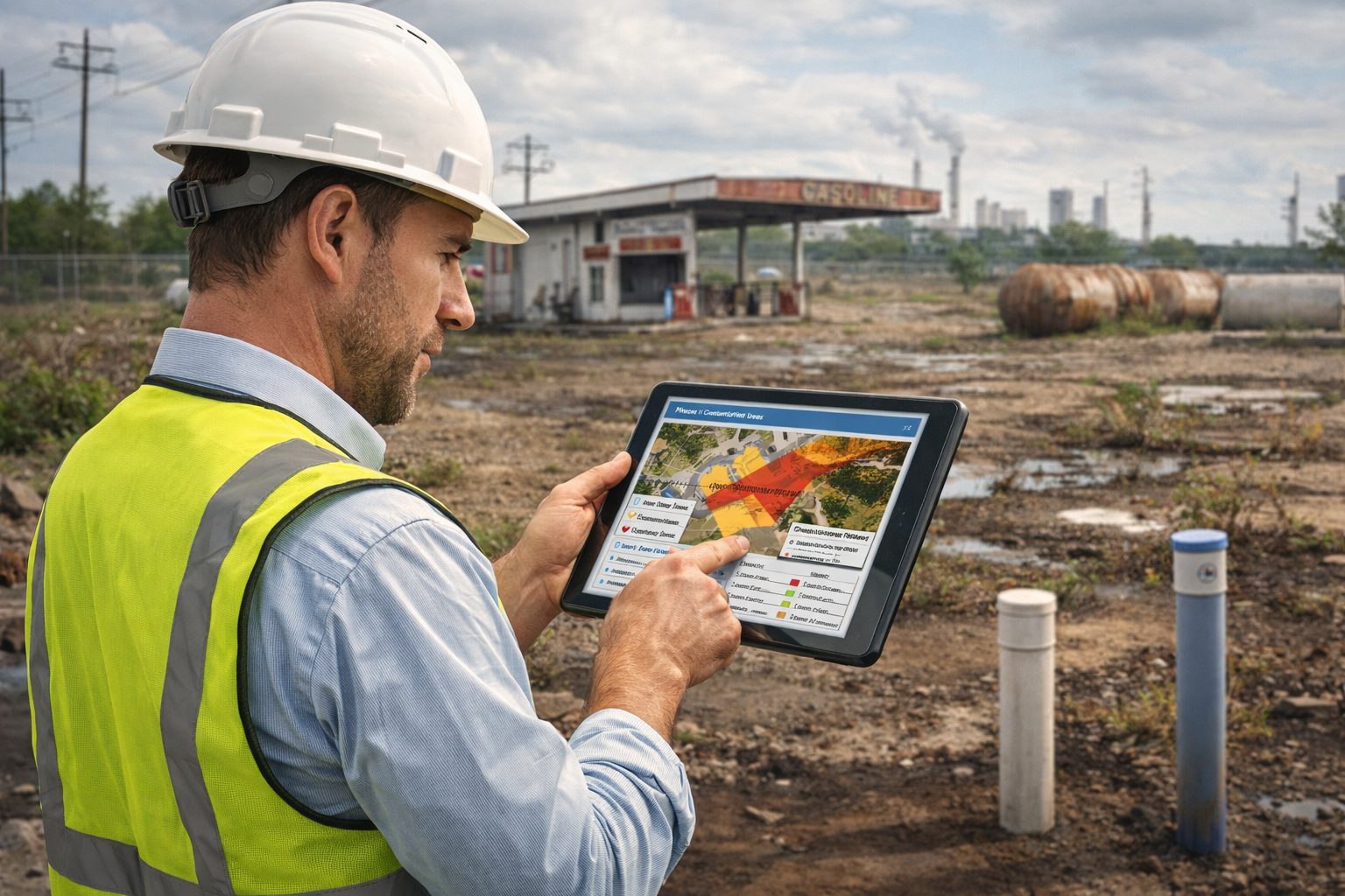 Environmental site assessor conducting a Phase I Environmental Site Assessment using a tablet to review GIS maps and contamination data at a former industrial site.