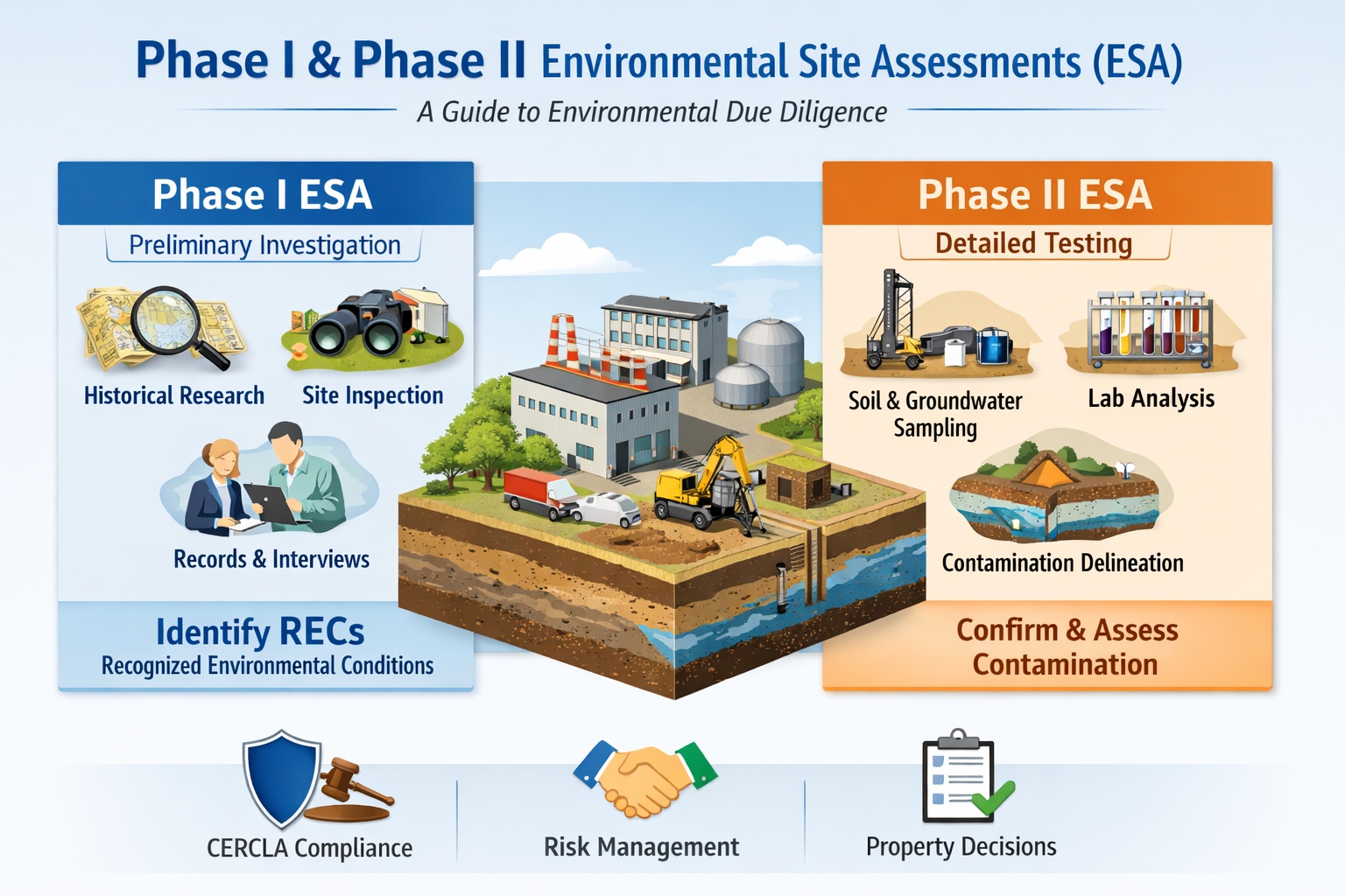 Infographic showing Phase I and Phase II Environmental Site Assessments (ESA), including historical research, site inspection, soil and groundwater sampling, and contamination assessment process.